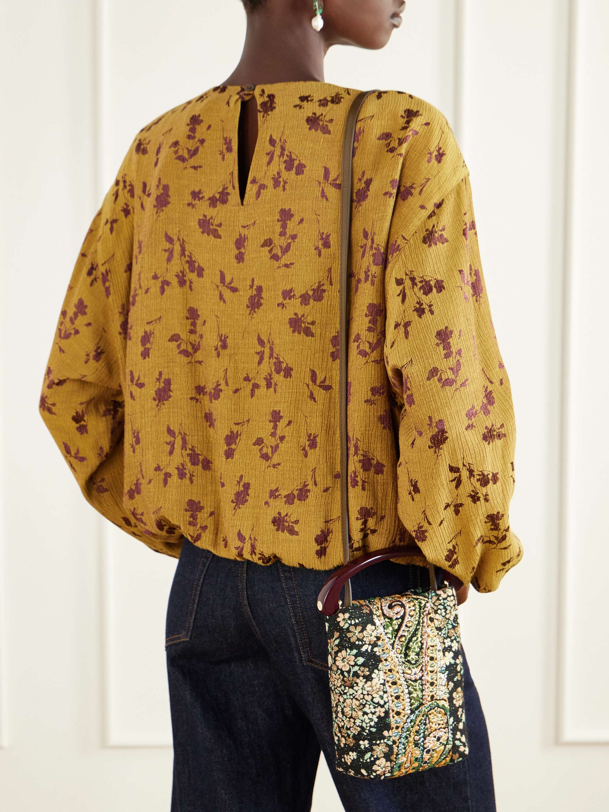 DRIES VAN NOTEN Leather-trimmed metallic floral-jacquard top
