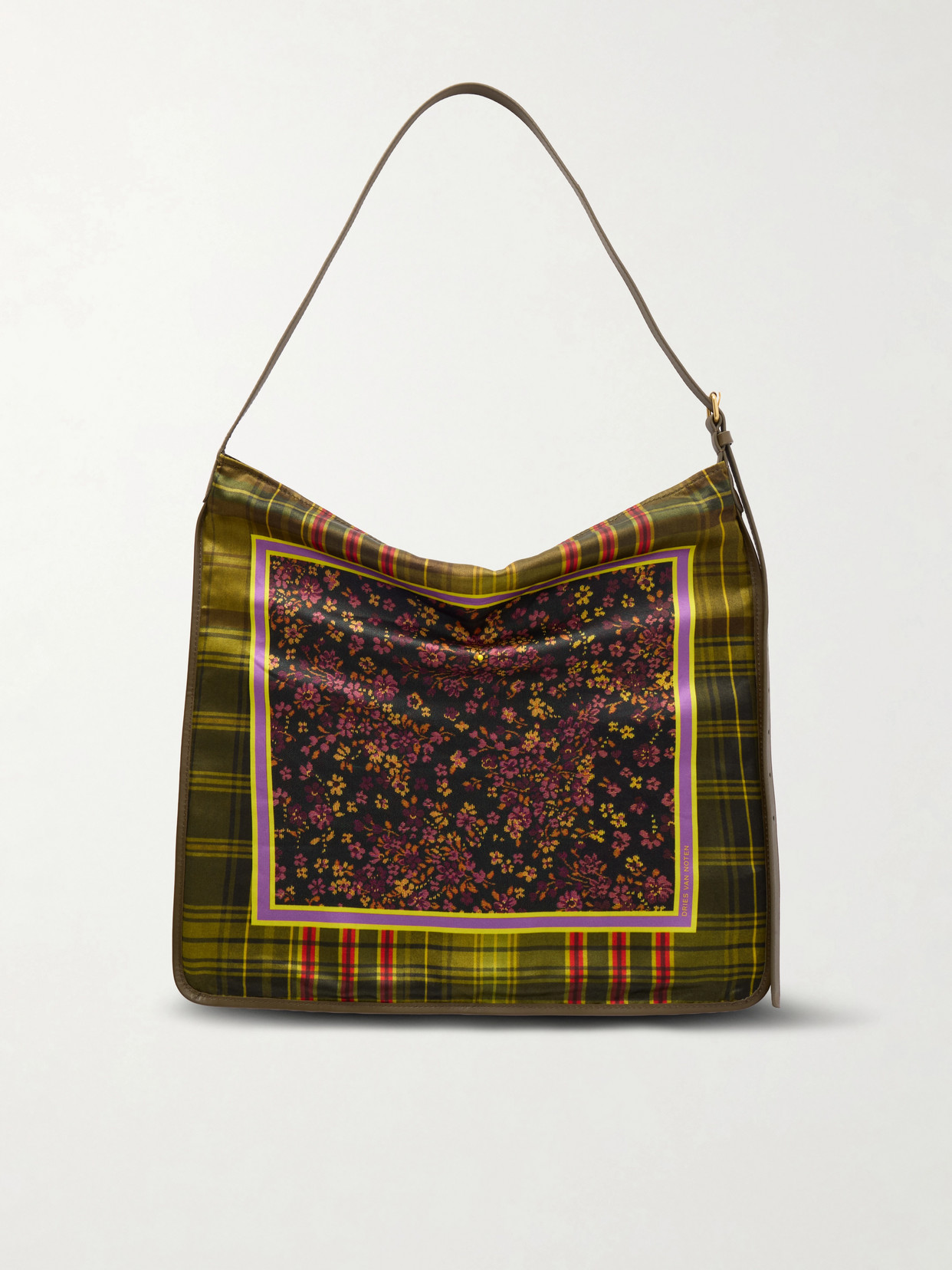 Dries Van Noten Printed Leather-trimmed Satin Shoulder Bag In Yellow