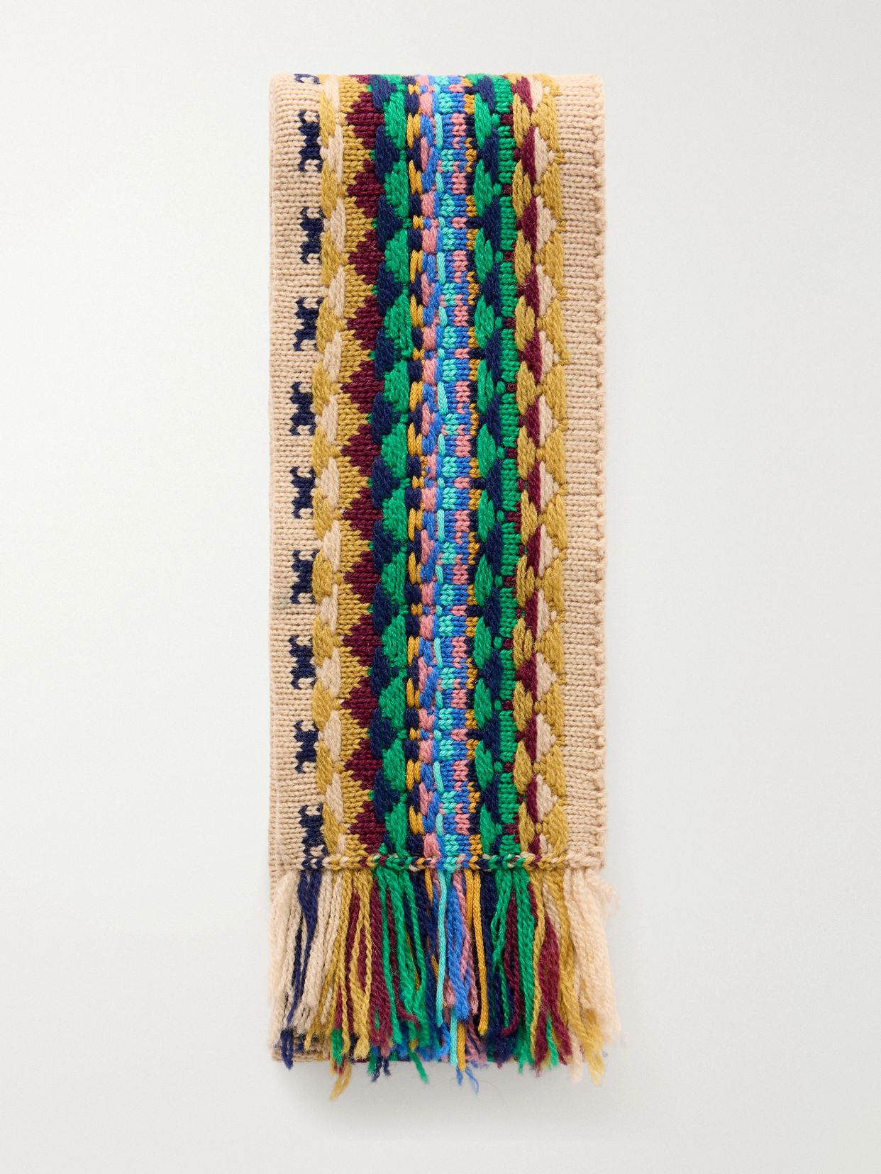 Fringed Intrasia Knit Wool Scarf