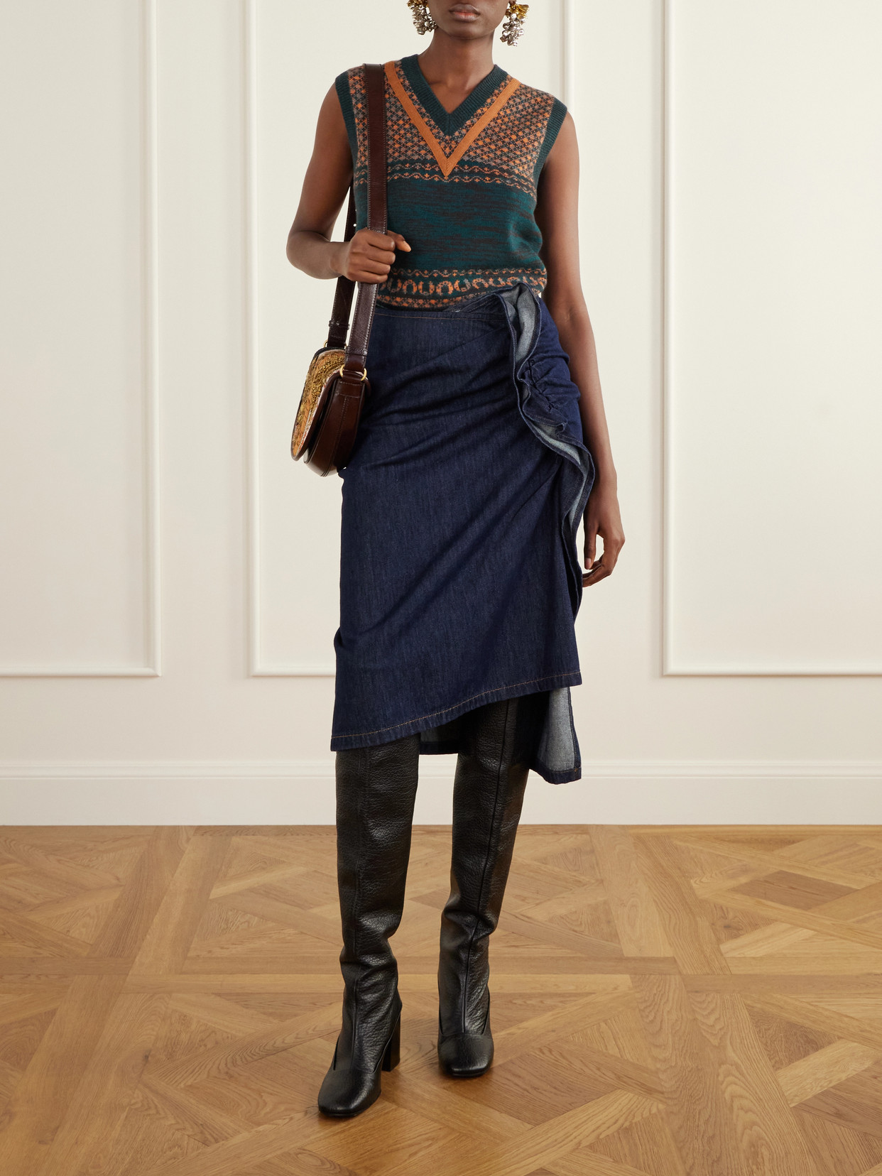 Bead-Embellished Patchwork-Trimmed Shoulder Bag
