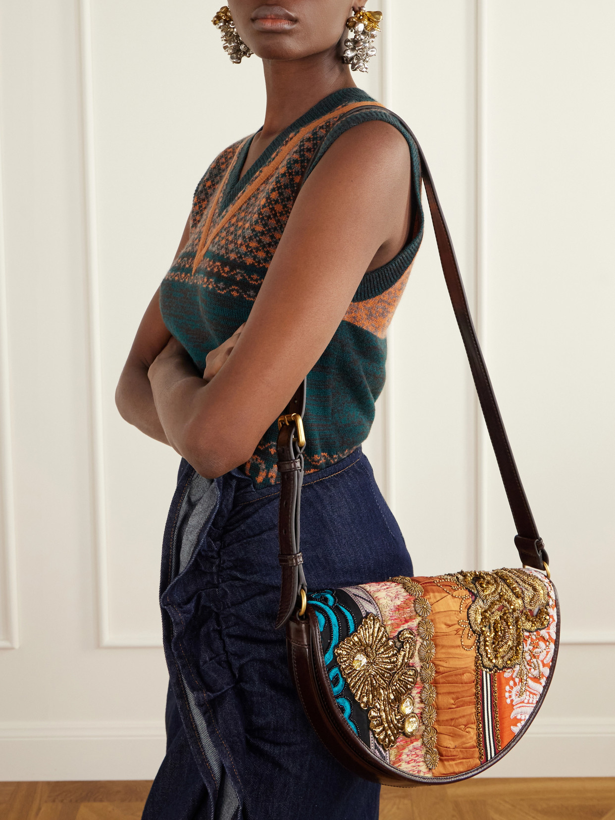 Bead-Embellished Patchwork-Trimmed Shoulder Bag