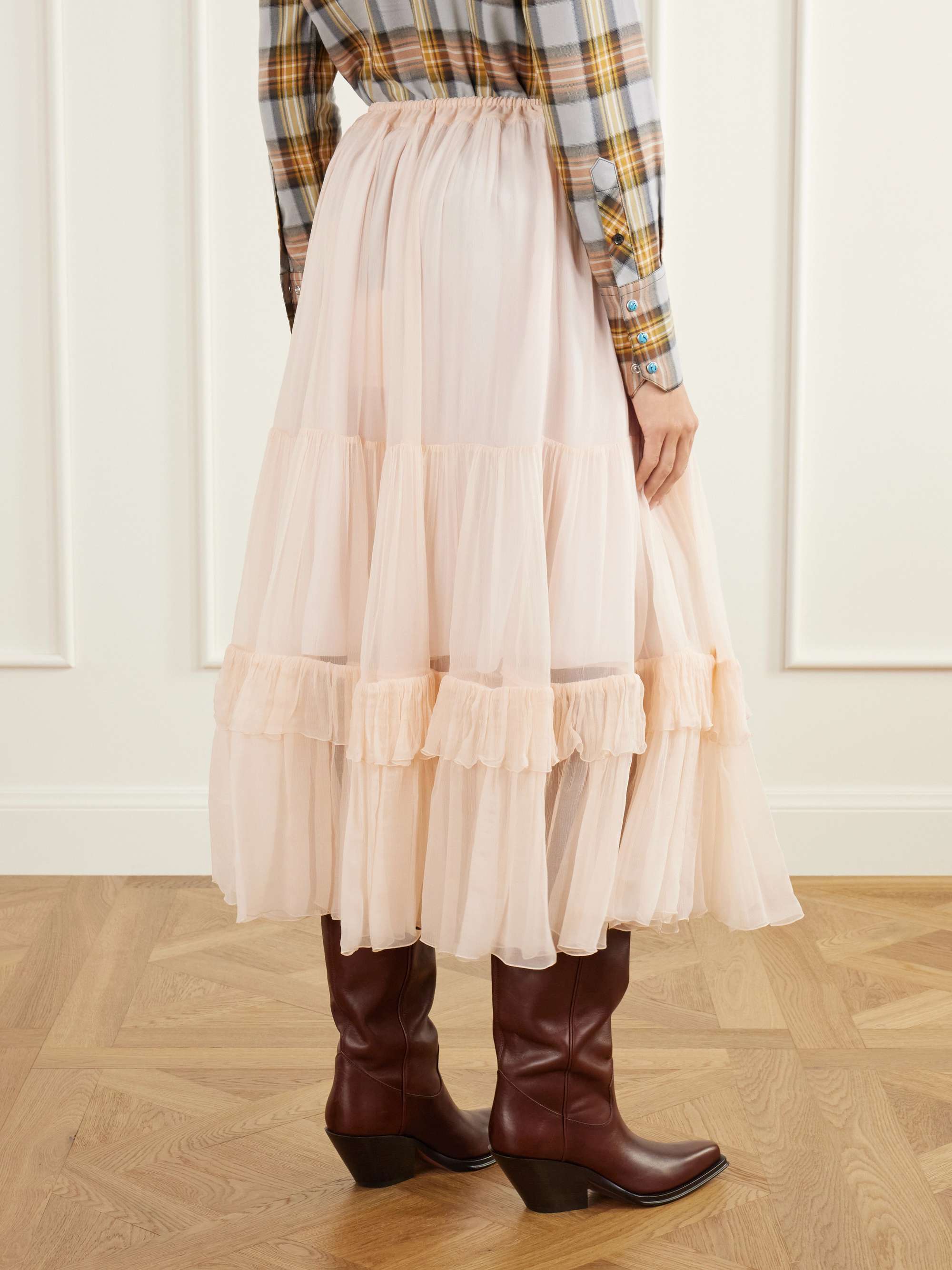 CHLOÉ Tiered ruffled silk-mousseline midi skirt | NET-A-PORTER