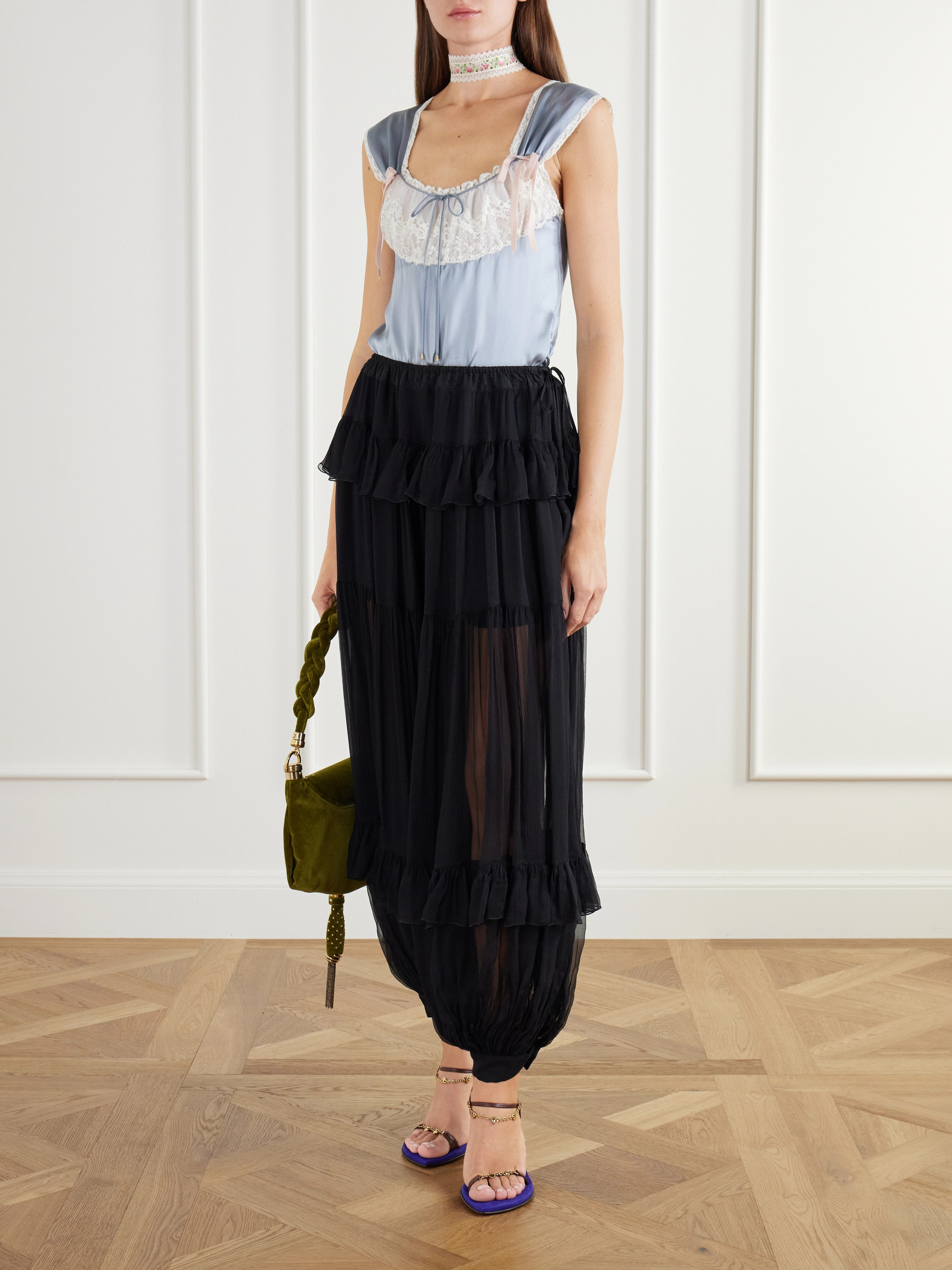 Chloé Bow-detailed lace-trimmed silk-satin cami