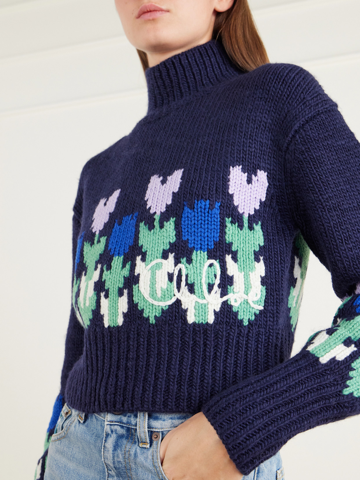 Chloé - Cropped Floral-Intarsia Turtleneck Sweater