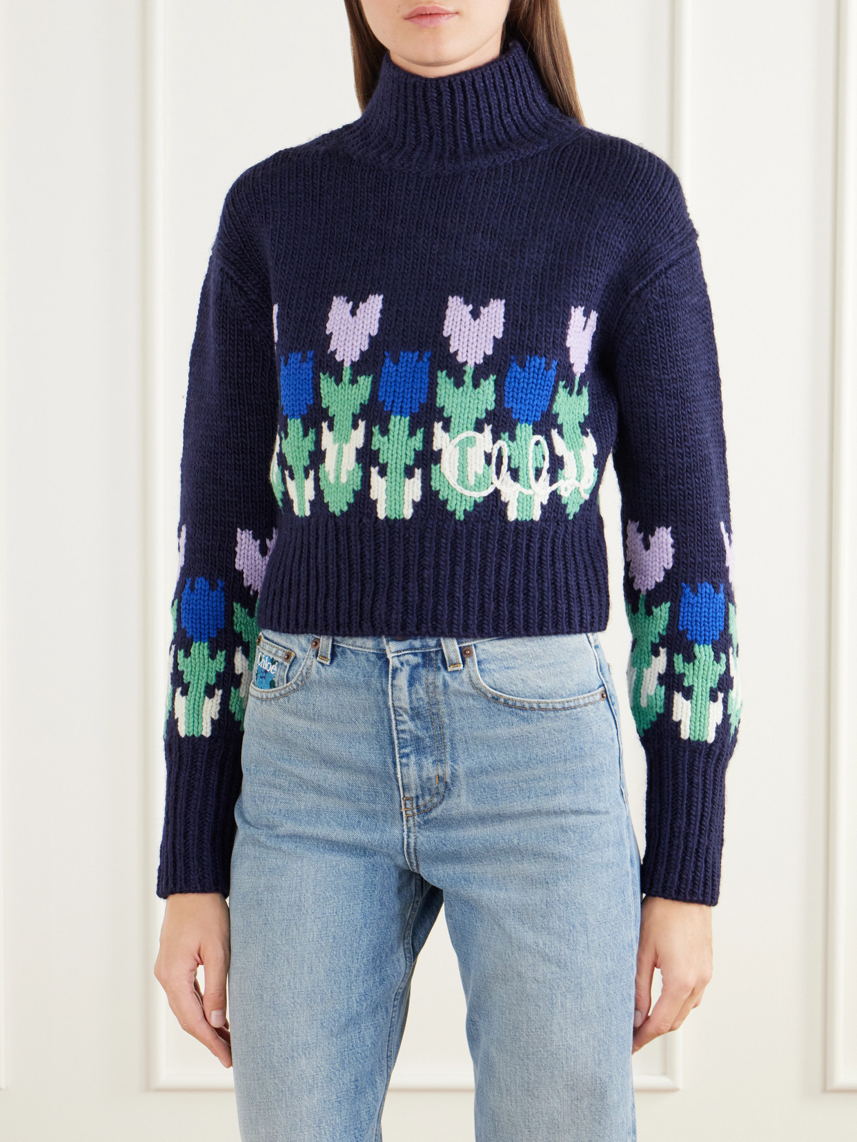 Chloé - Cropped Floral-Intarsia Turtleneck Sweater