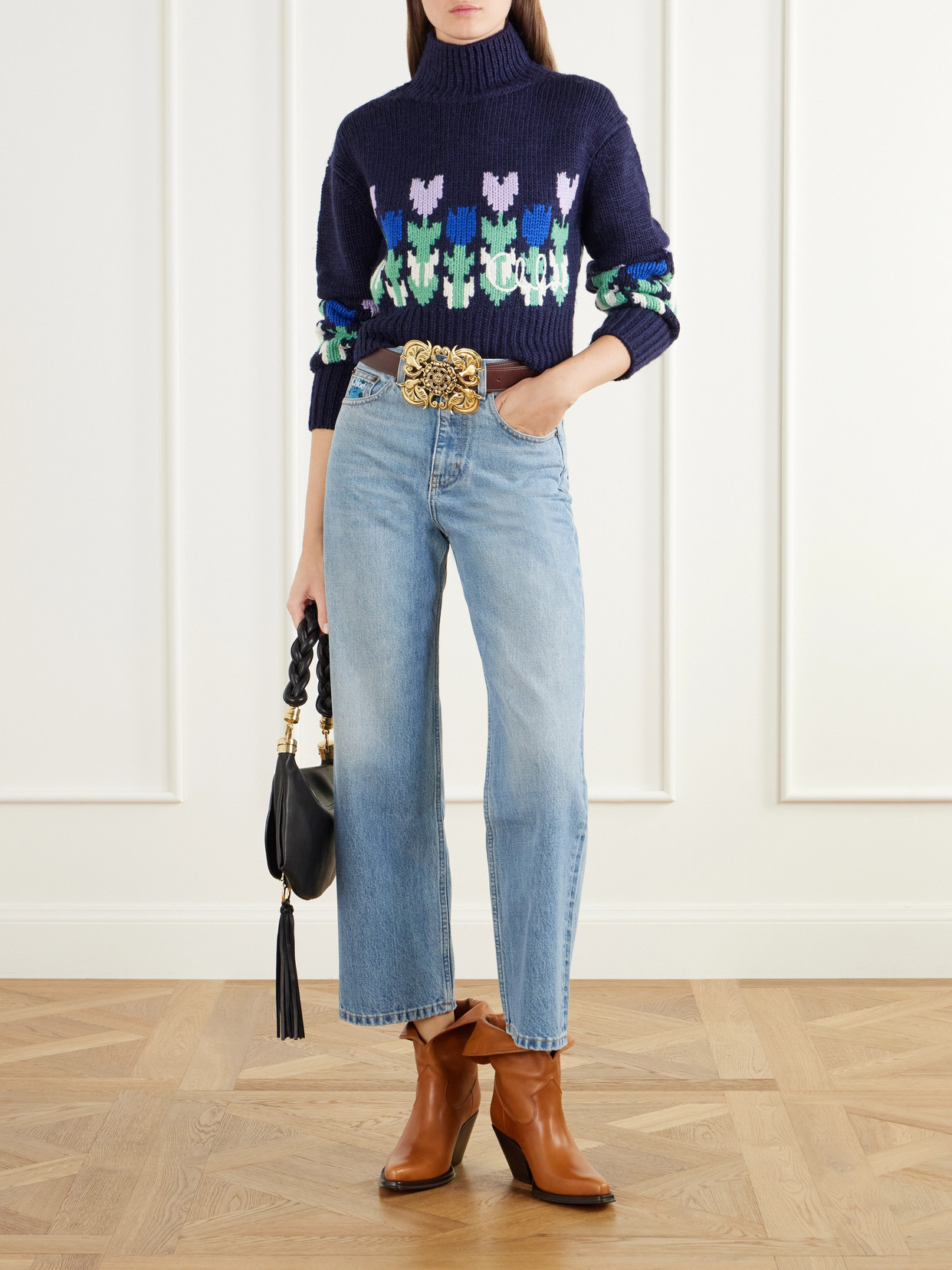 Chloé - Cropped Floral-Intarsia Turtleneck Sweater