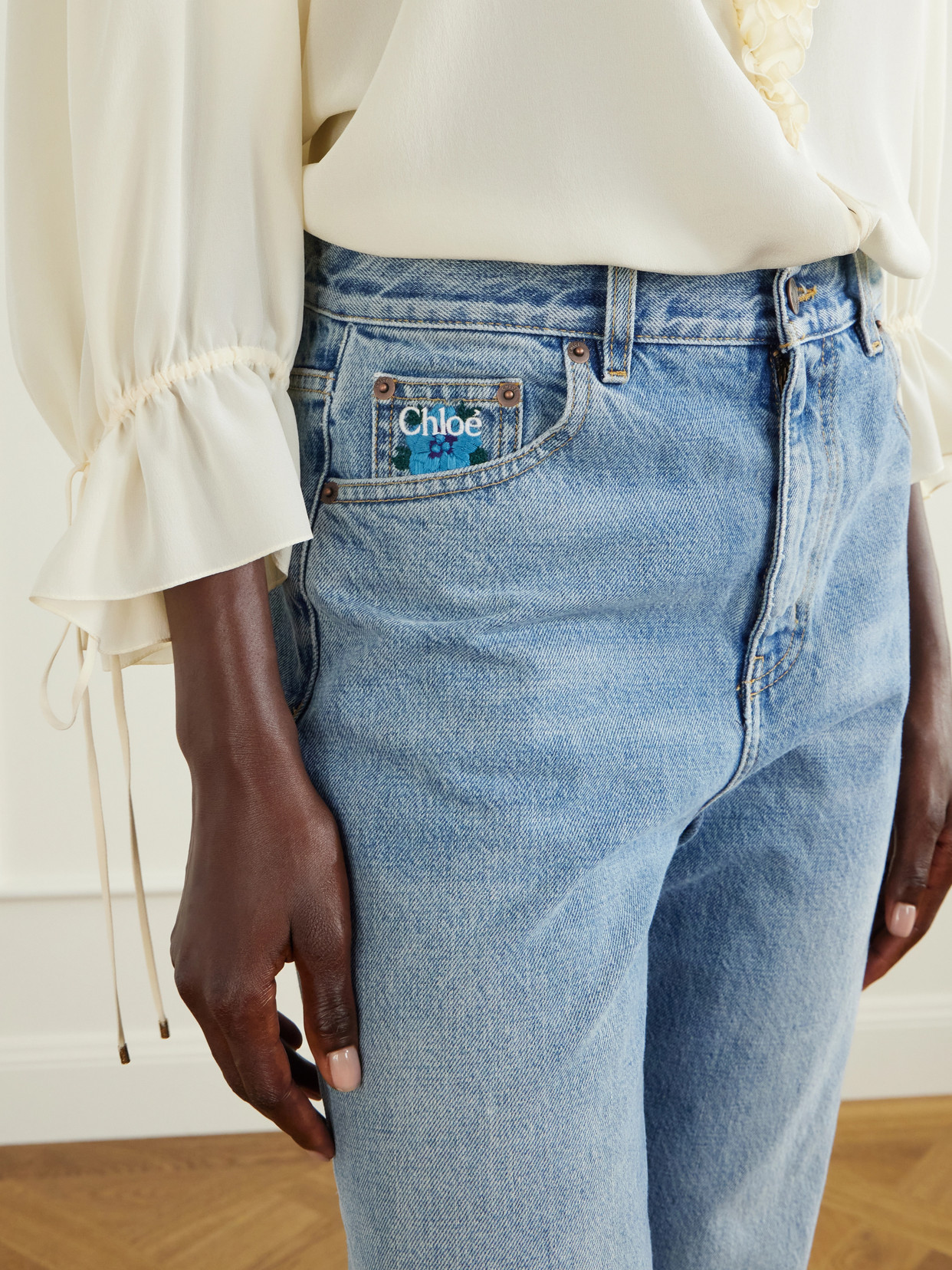 Chloé - Logo-Embroidered High-Rise Wide- Leg