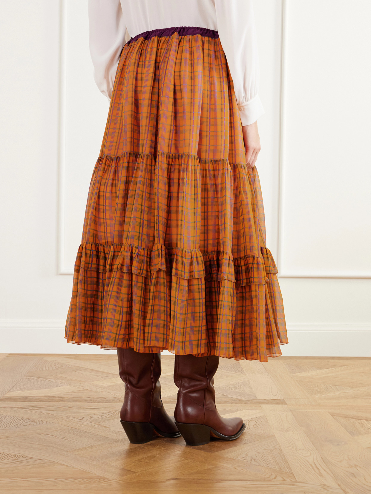Chloé - Ruffled Tiered Checked Silk-Mousseline Midi