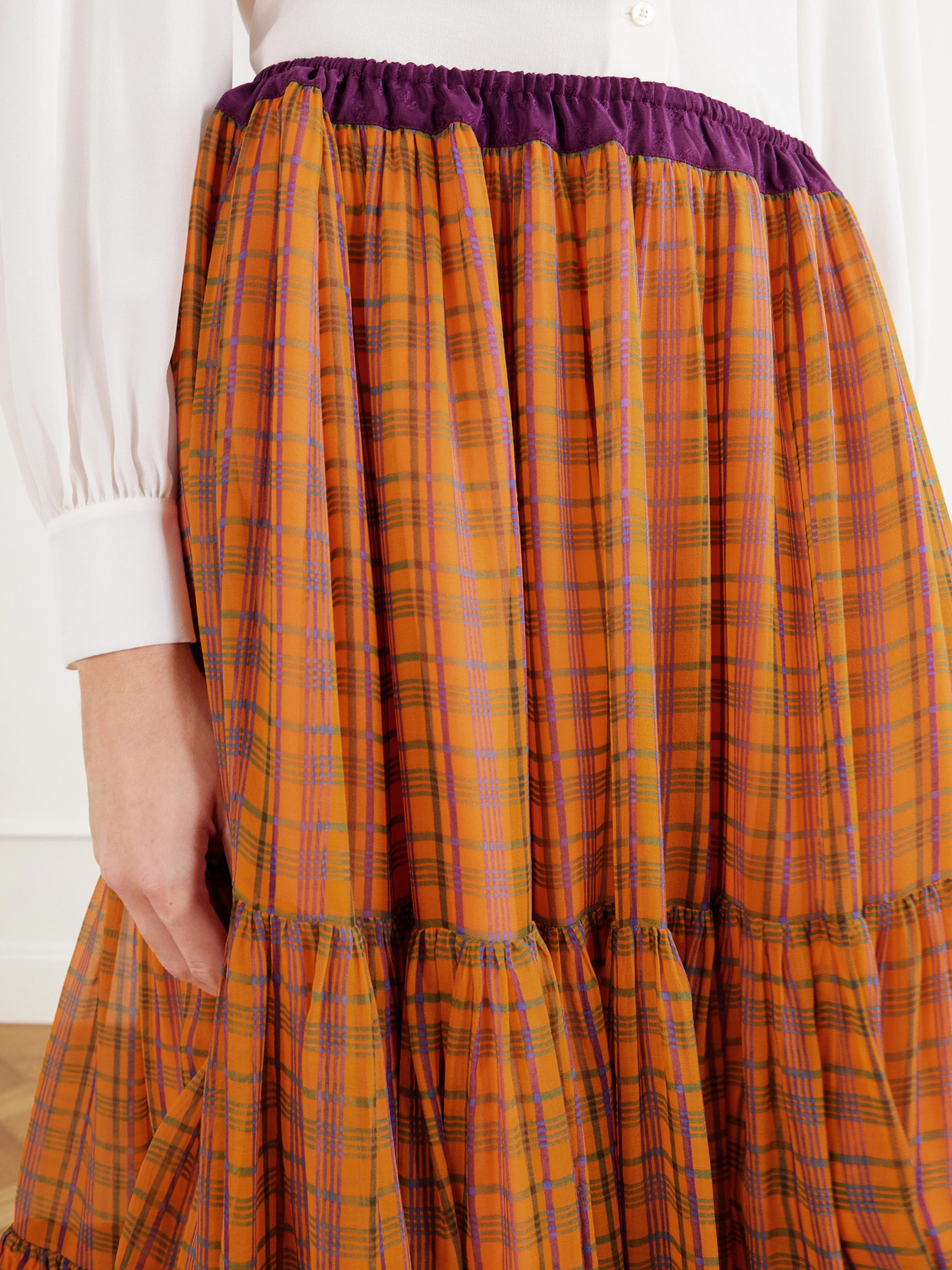Chloé - Ruffled Tiered Checked Silk-Mousseline Midi