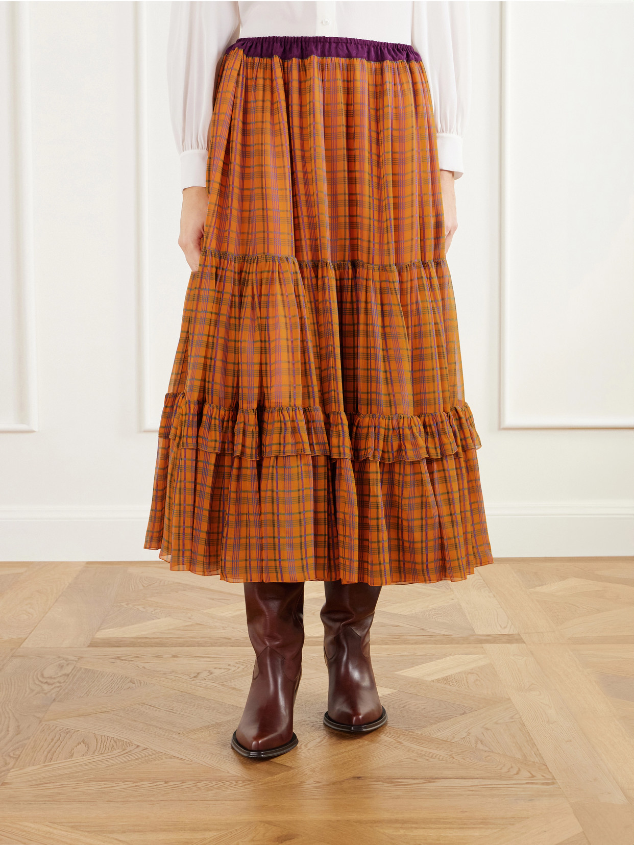 Chloé - Ruffled Tiered Checked Silk-Mousseline Midi