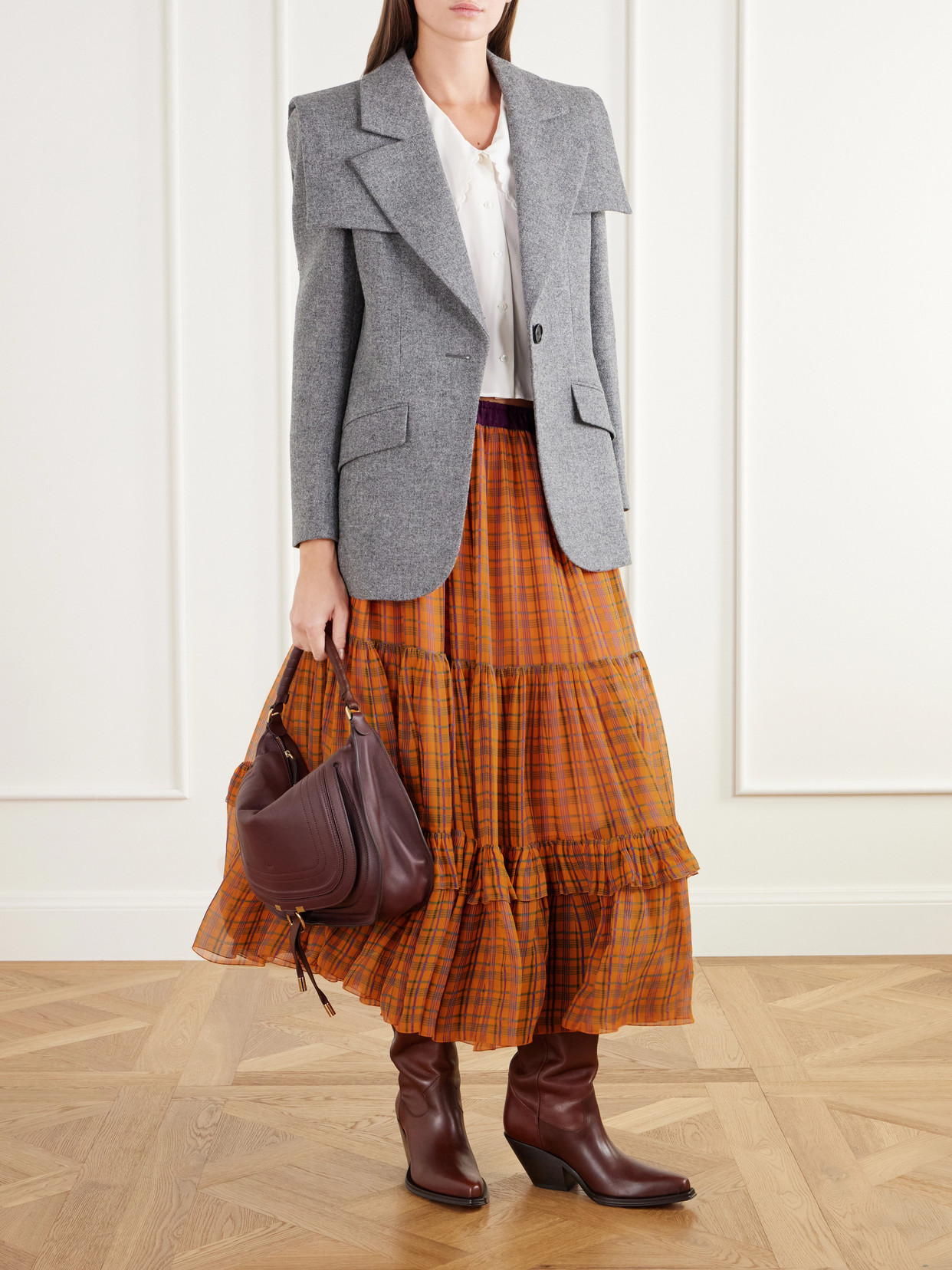 Chloé - Ruffled Tiered Checked Silk-Mousseline Midi