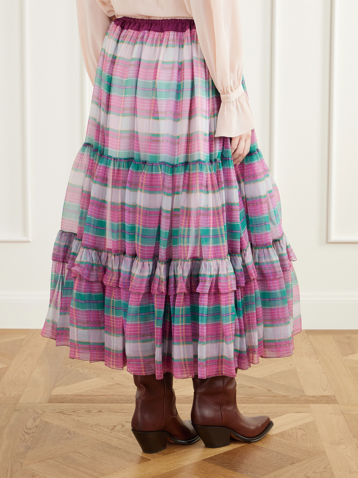 Chloé - Ruffled Tiered Checked Silk-Mousseline Midi