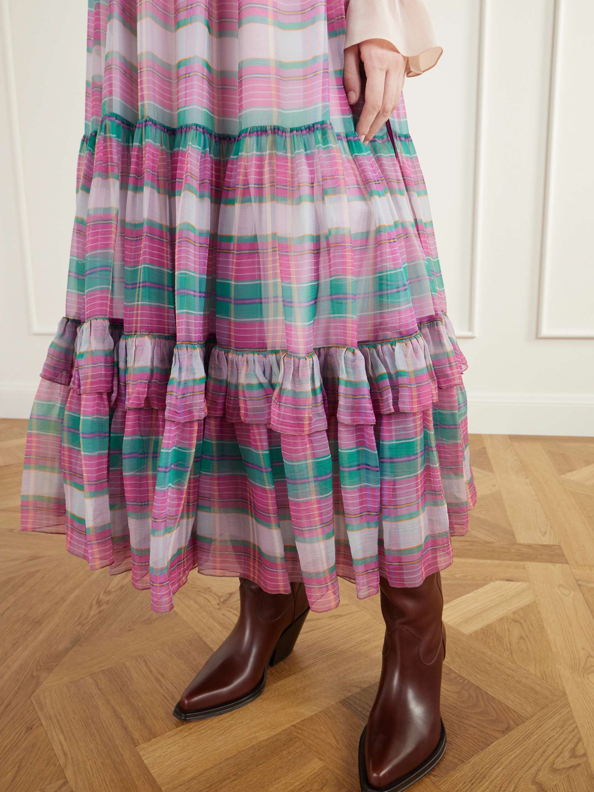 CHLOÉ Drawstring ruffled checked silk-mousseline maxi skirt | NET