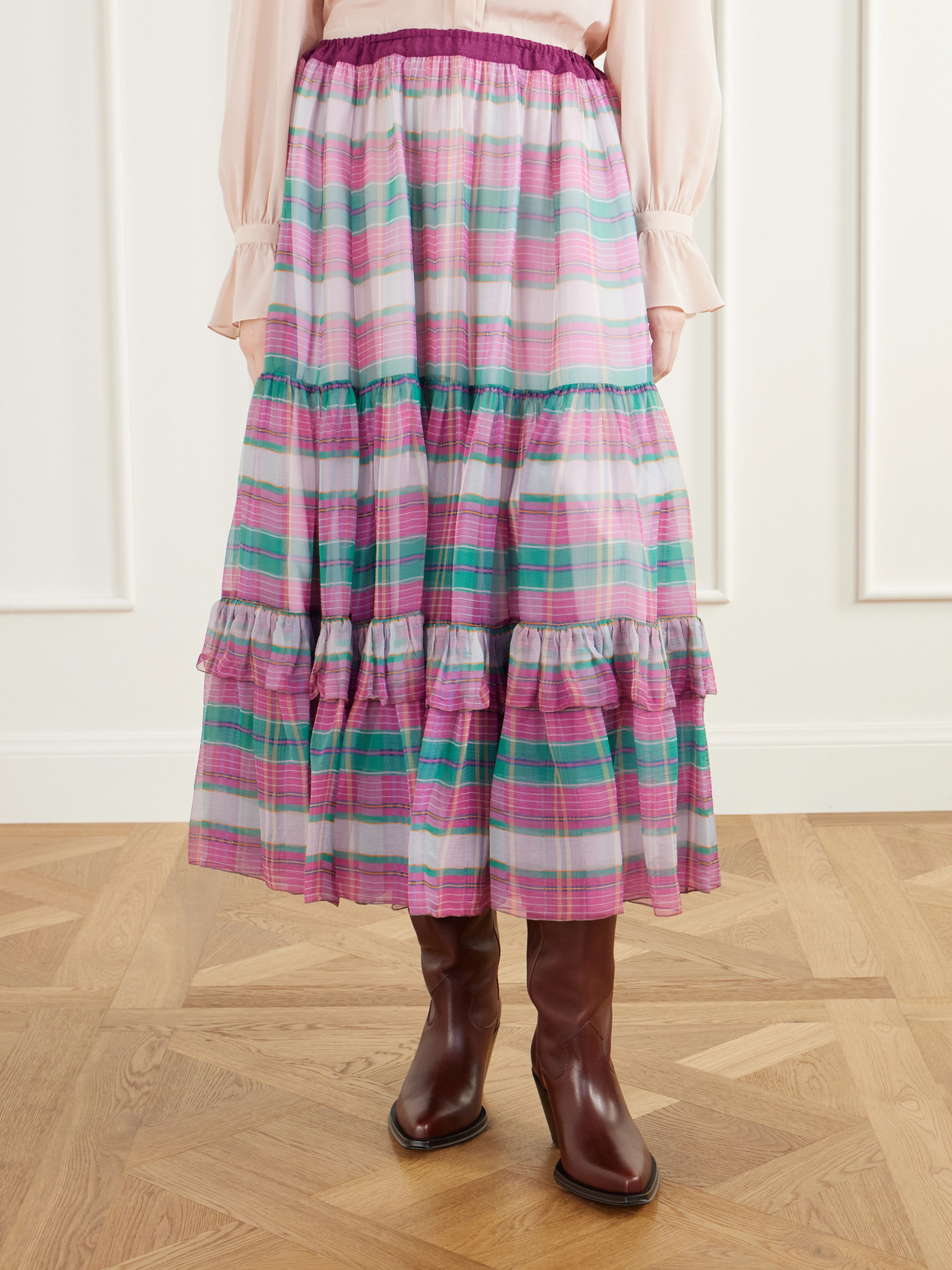 Chloé - Ruffled Tiered Checked Silk-Mousseline Midi
