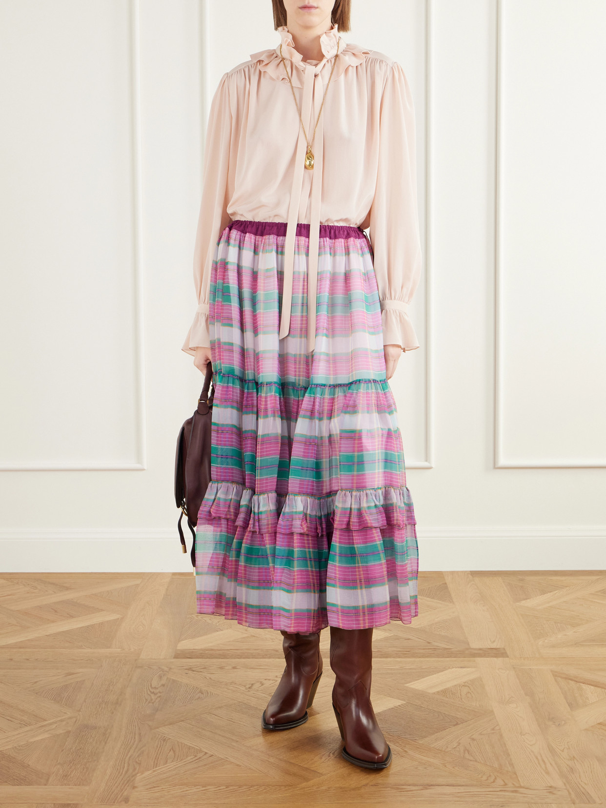 Chloé - Ruffled Tiered Checked Silk-Mousseline Midi