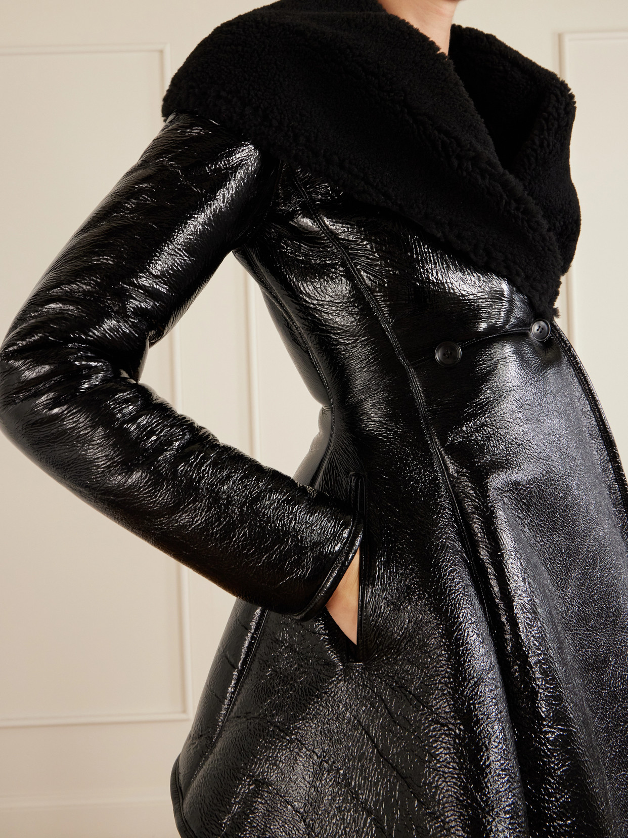 Alaïa - Double-Breasted Paneled Shearling-Trimmed Glossed-Leather Coat