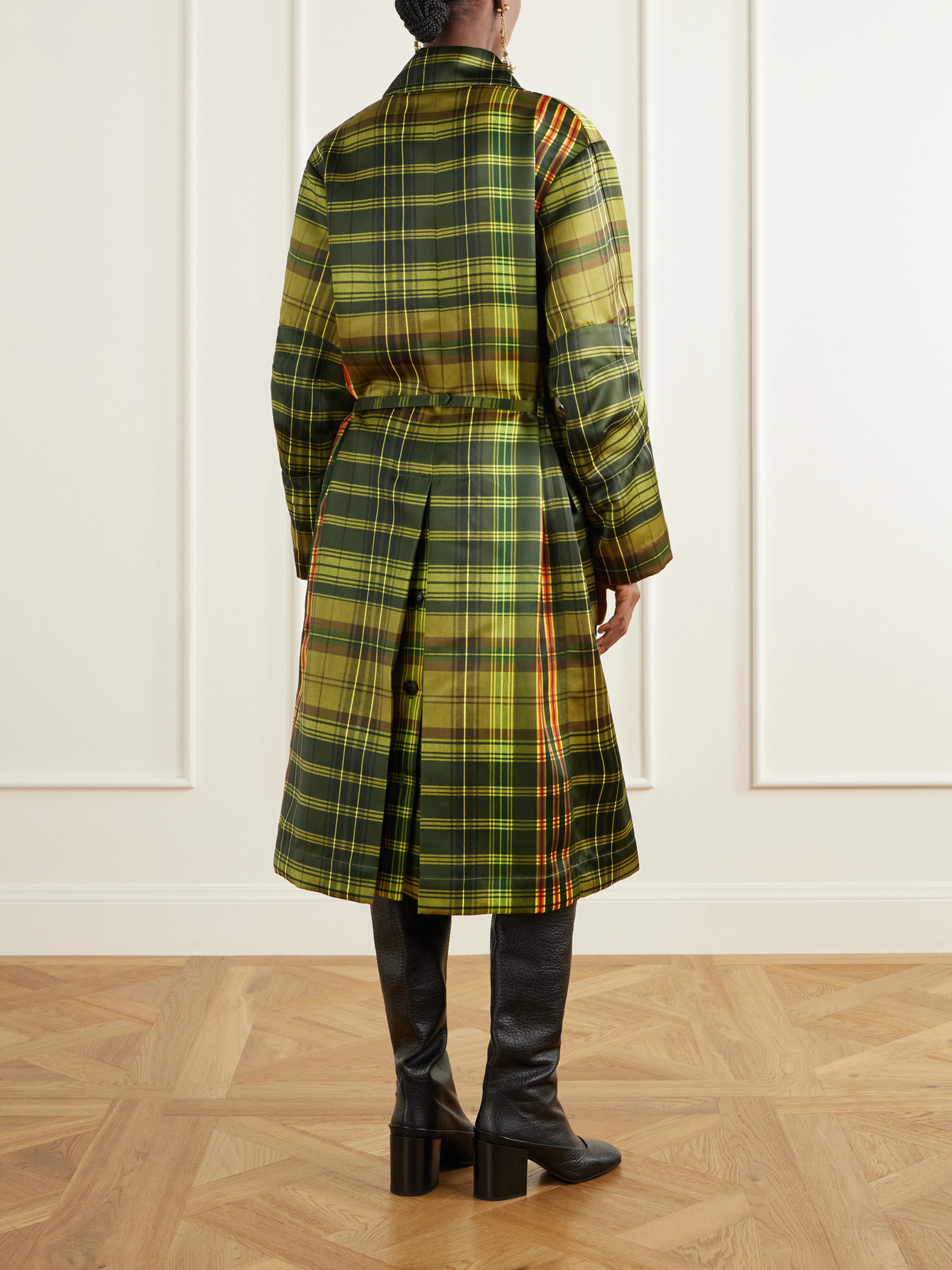 Belted Checked Duchess-Satin Coat