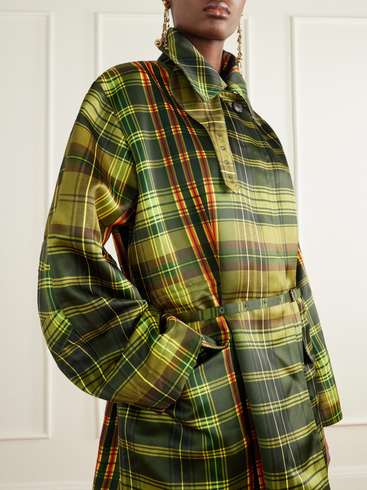 Belted Checked Duchess-Satin Coat