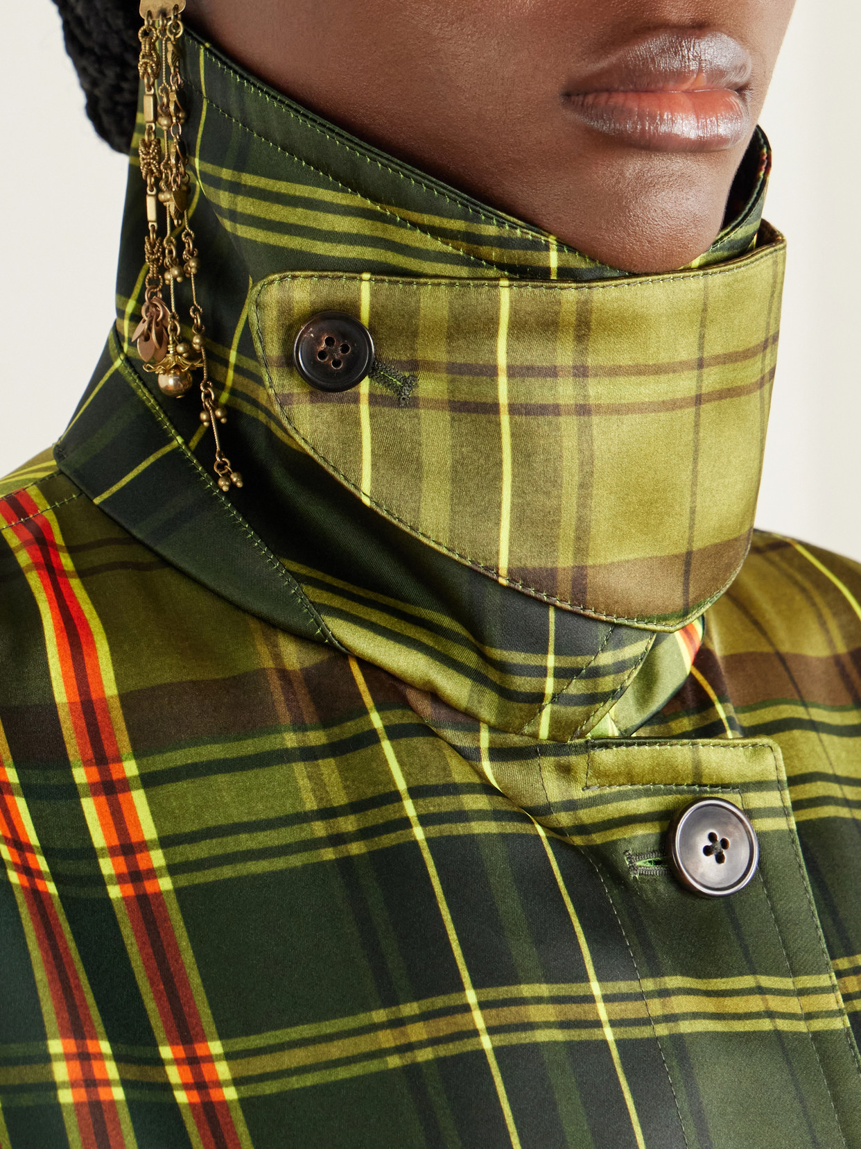 Belted Checked Duchess-Satin Coat