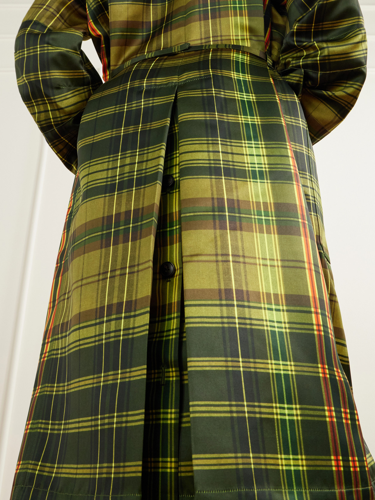 Belted Checked Duchess-Satin Coat