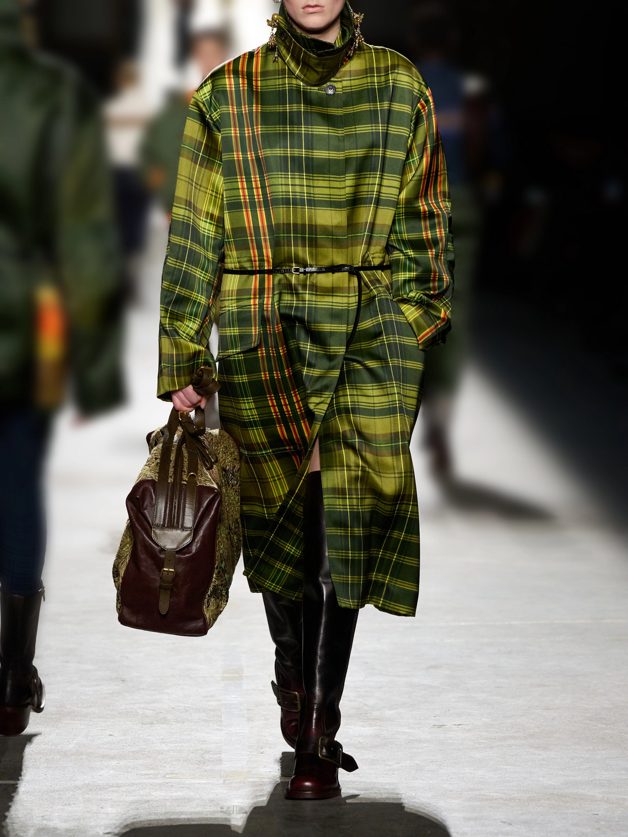 Belted Checked Duchess-Satin Coat