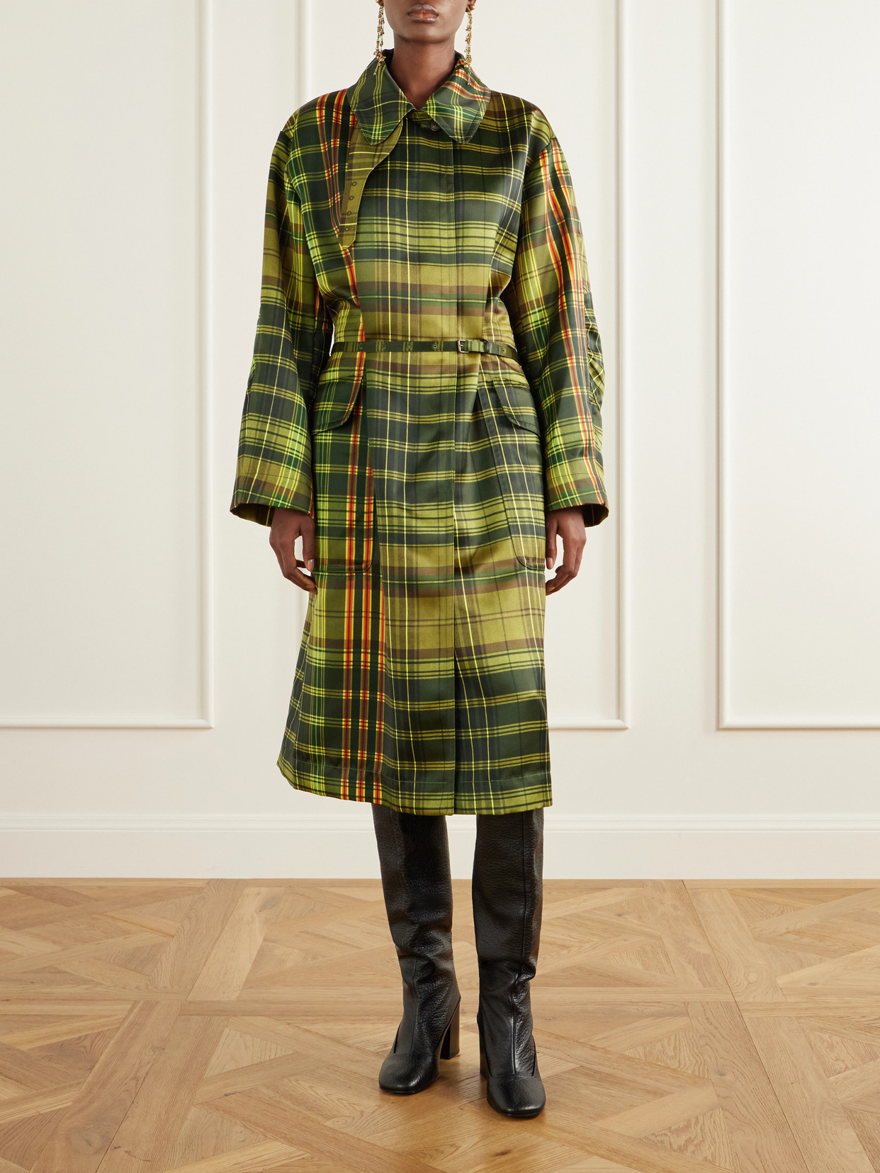 Belted Checked Duchess-Satin Coat