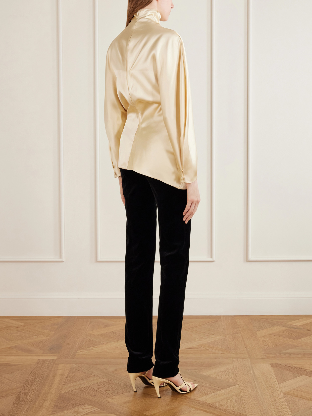 Harlow Draped Asymmetrical Satin Turtleneck Top