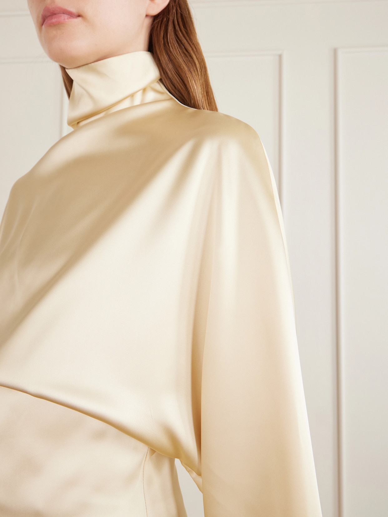 Harlow Draped Asymmetrical Satin Turtleneck Top