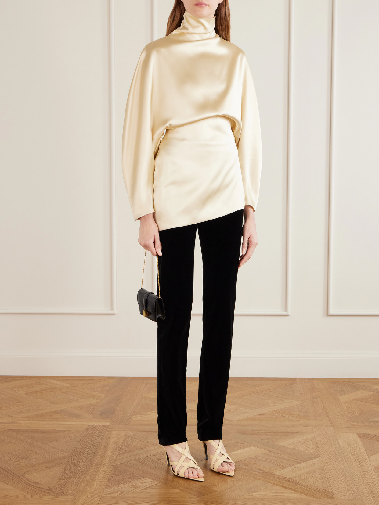 Harlow Draped Asymmetrical Satin Turtleneck Top