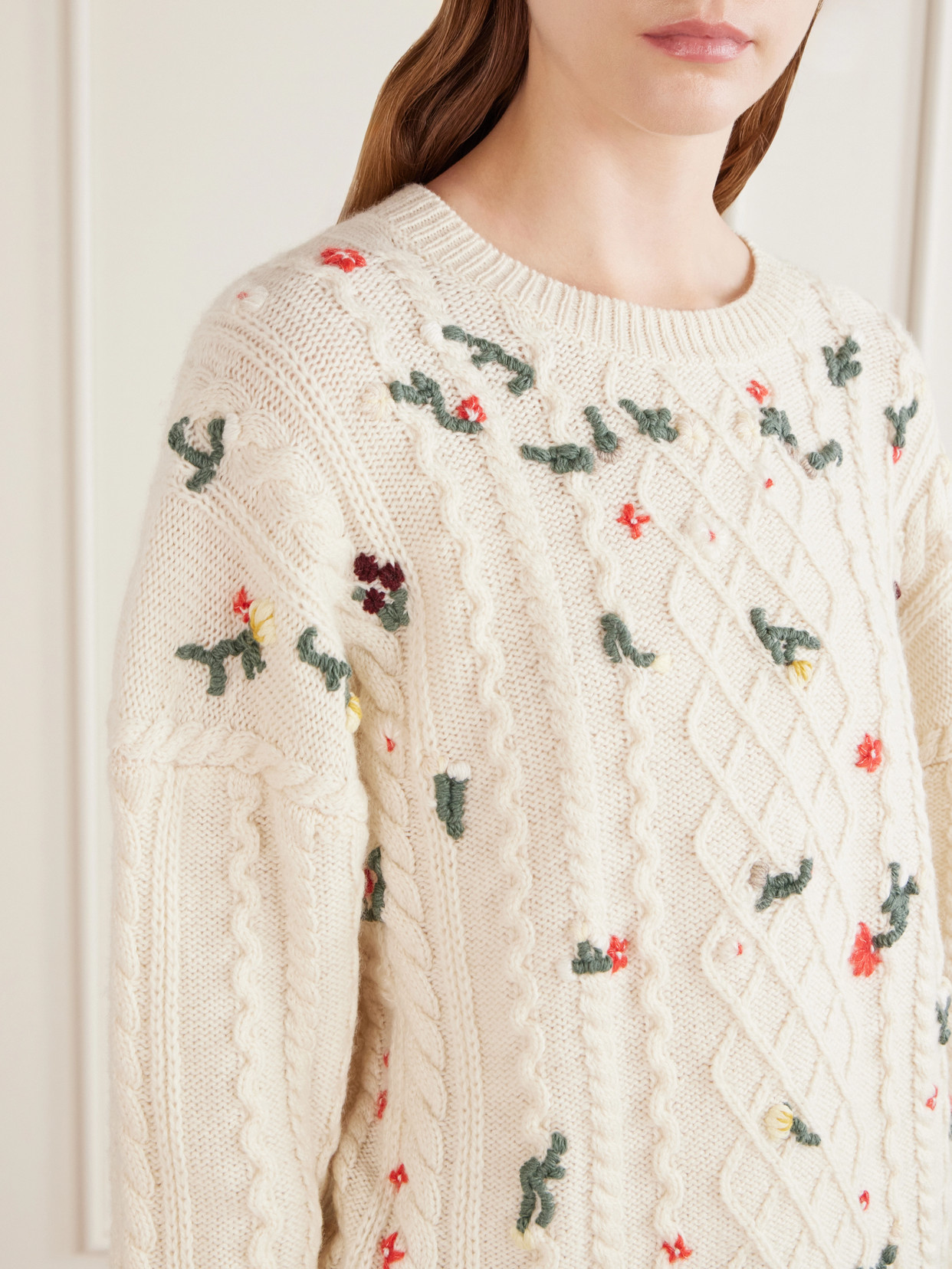 Elias Floral-Embroidered Cable-Knit Cashmere Sweater