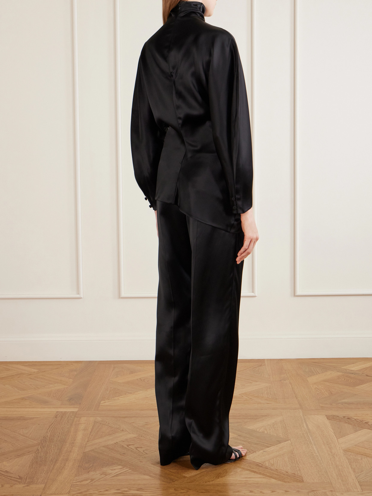 Harlow Draped Asymmetrical Satin Turtleneck Top