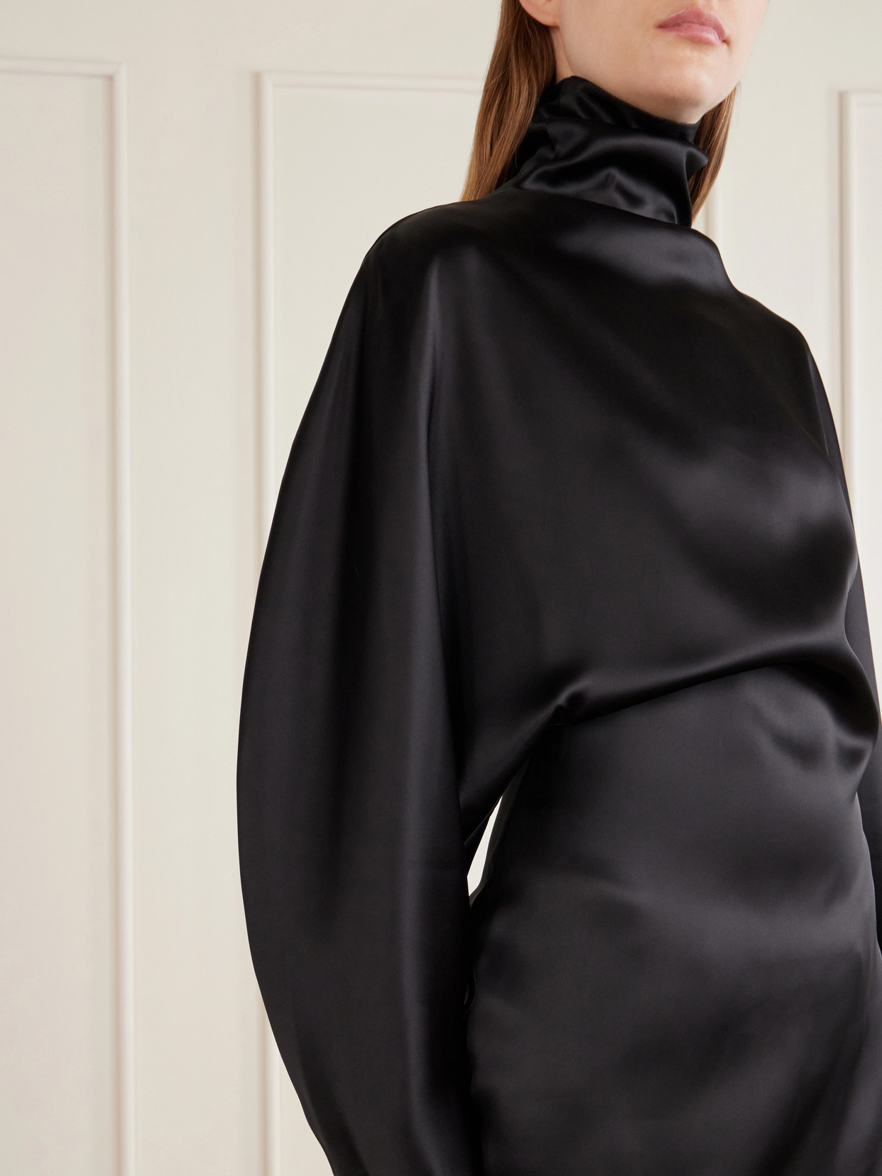 Harlow Draped Asymmetrical Satin Turtleneck Top