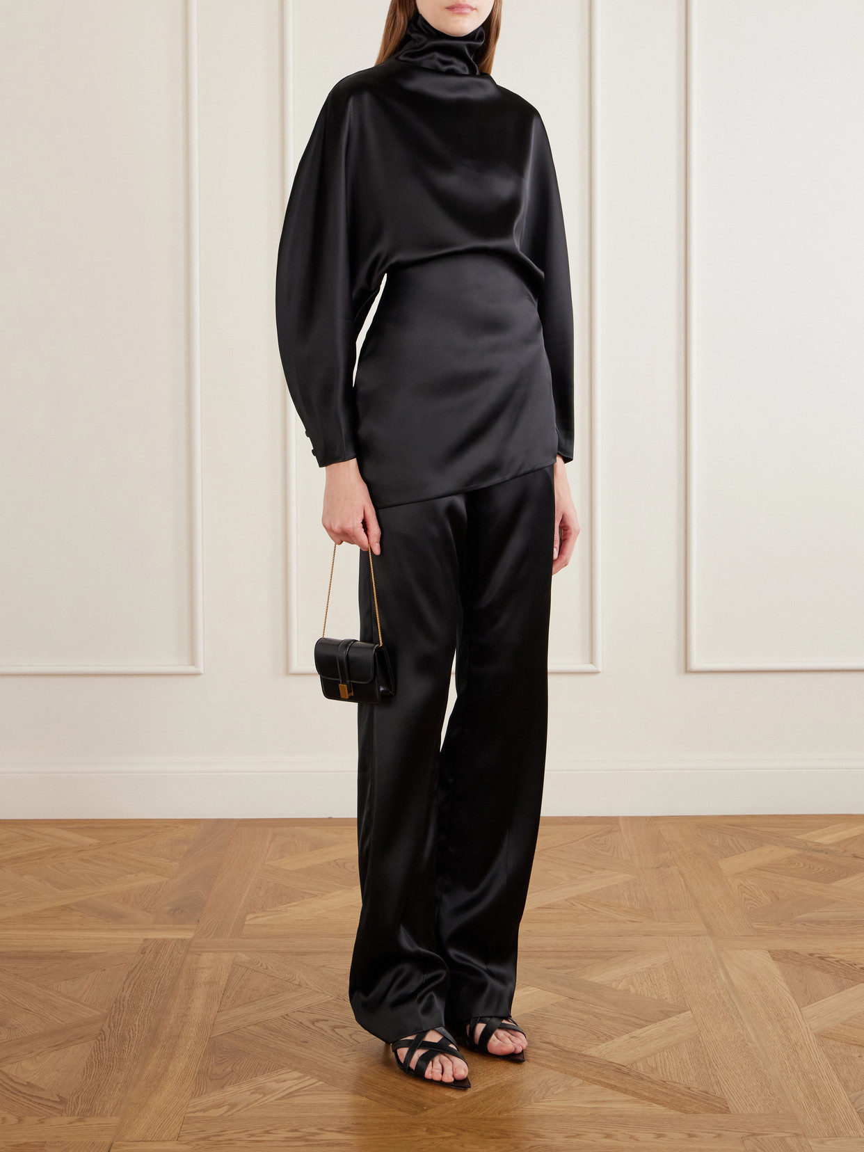 Harlow Draped Asymmetrical Satin Turtleneck Top