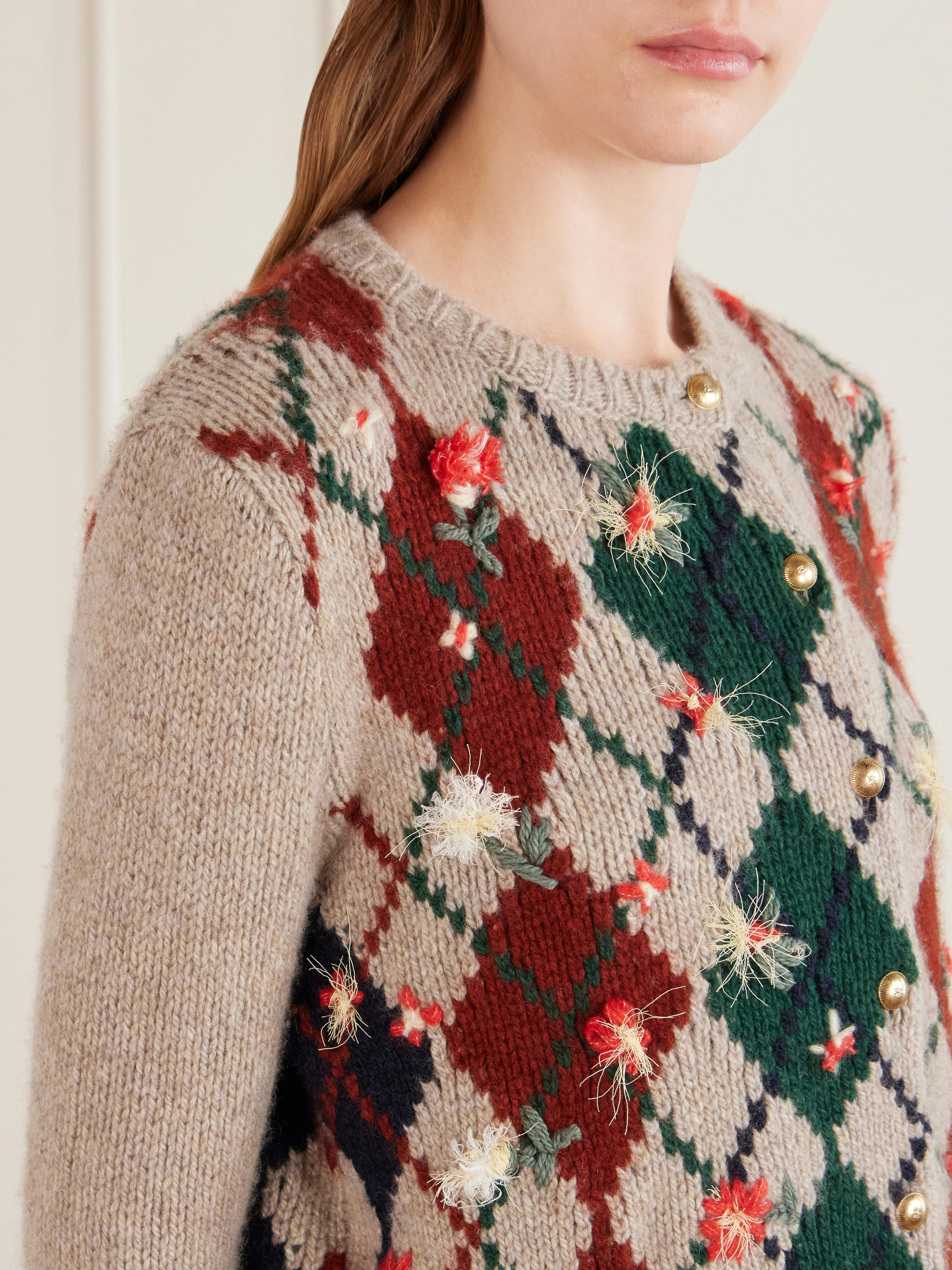 KHAITE Marcela argyle embroidered wool and mohair-blend cardigan