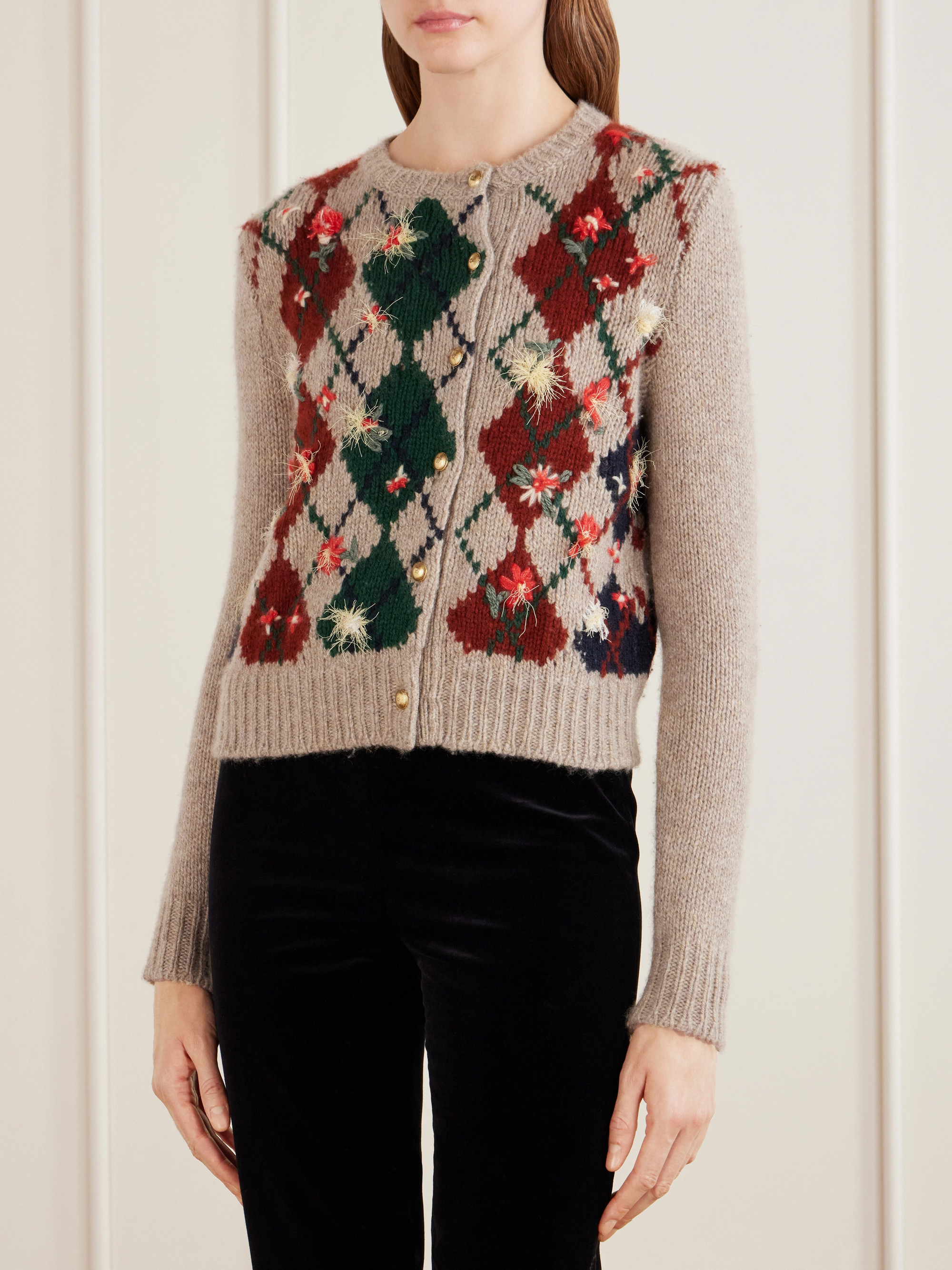 KHAITE Marcela argyle embroidered wool and mohair-blend cardigan