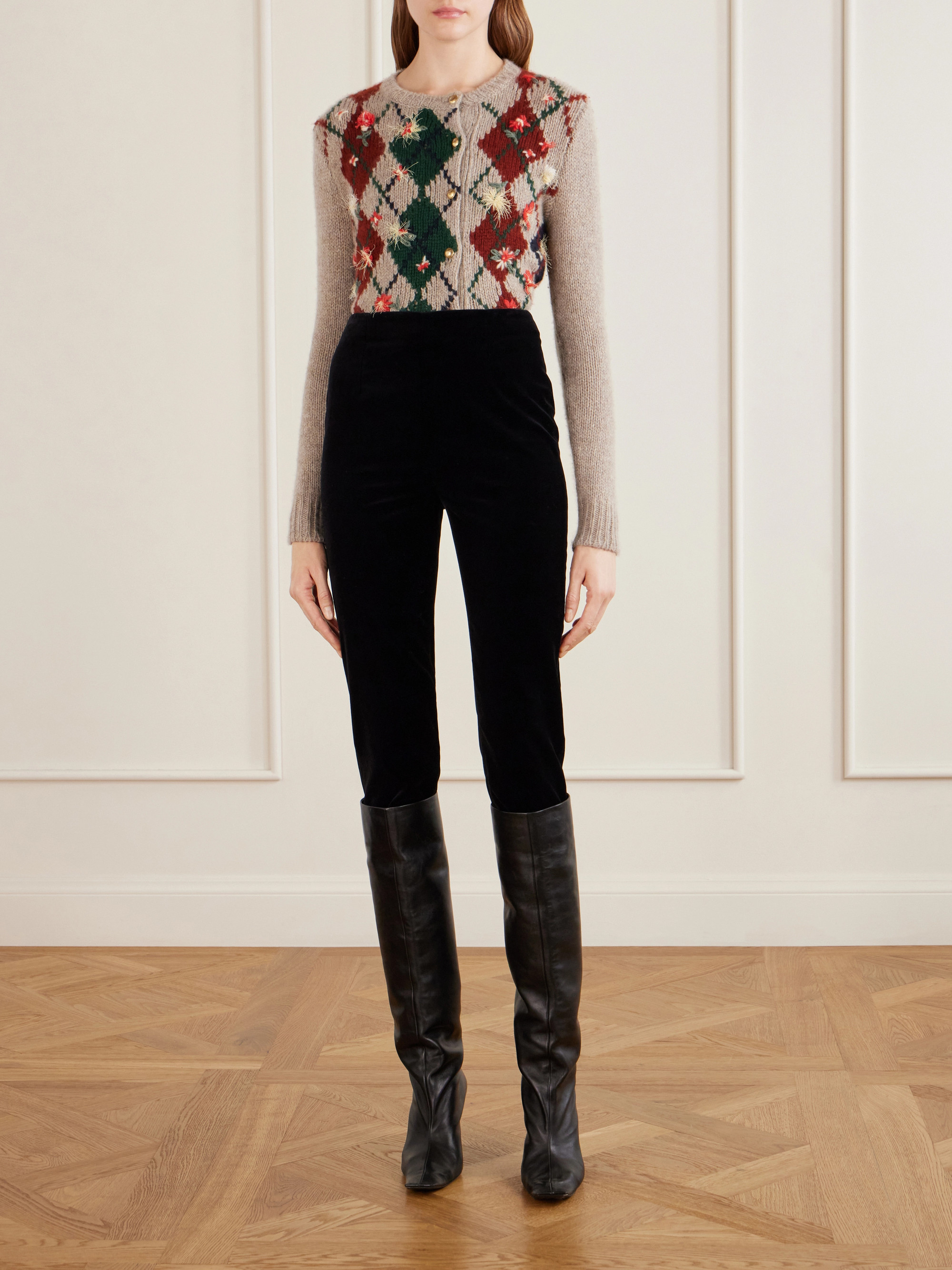 KHAITE Marcela argyle embroidered wool and mohair-blend cardigan