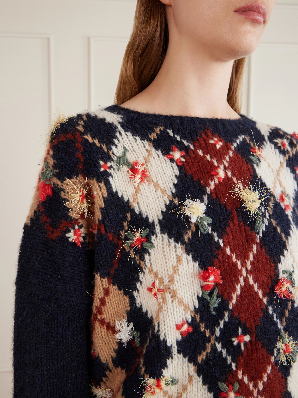 Timi Floral-Embroidered Argyle Cashmere And Mohair-Blend Sweater