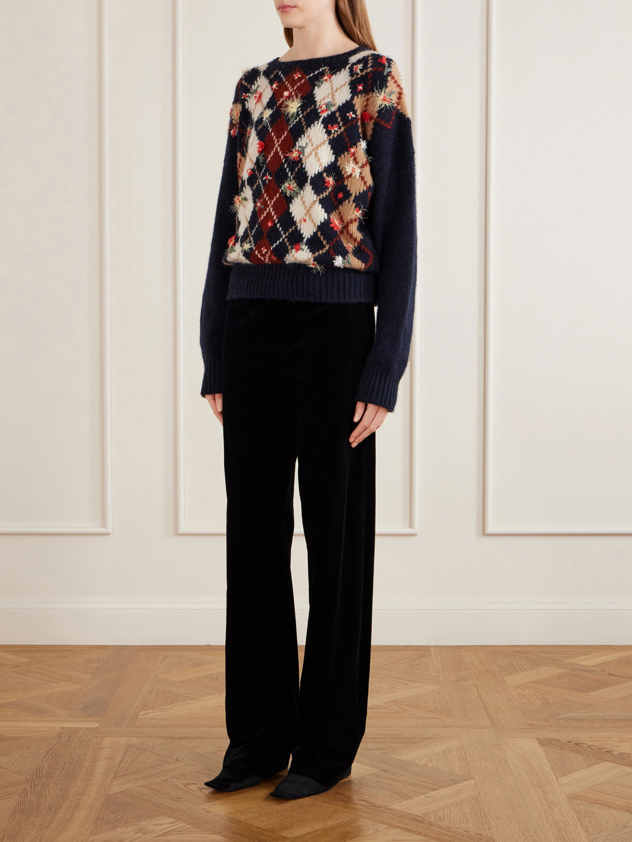 Timi Floral-Embroidered Argyle Cashmere And Mohair-Blend Sweater