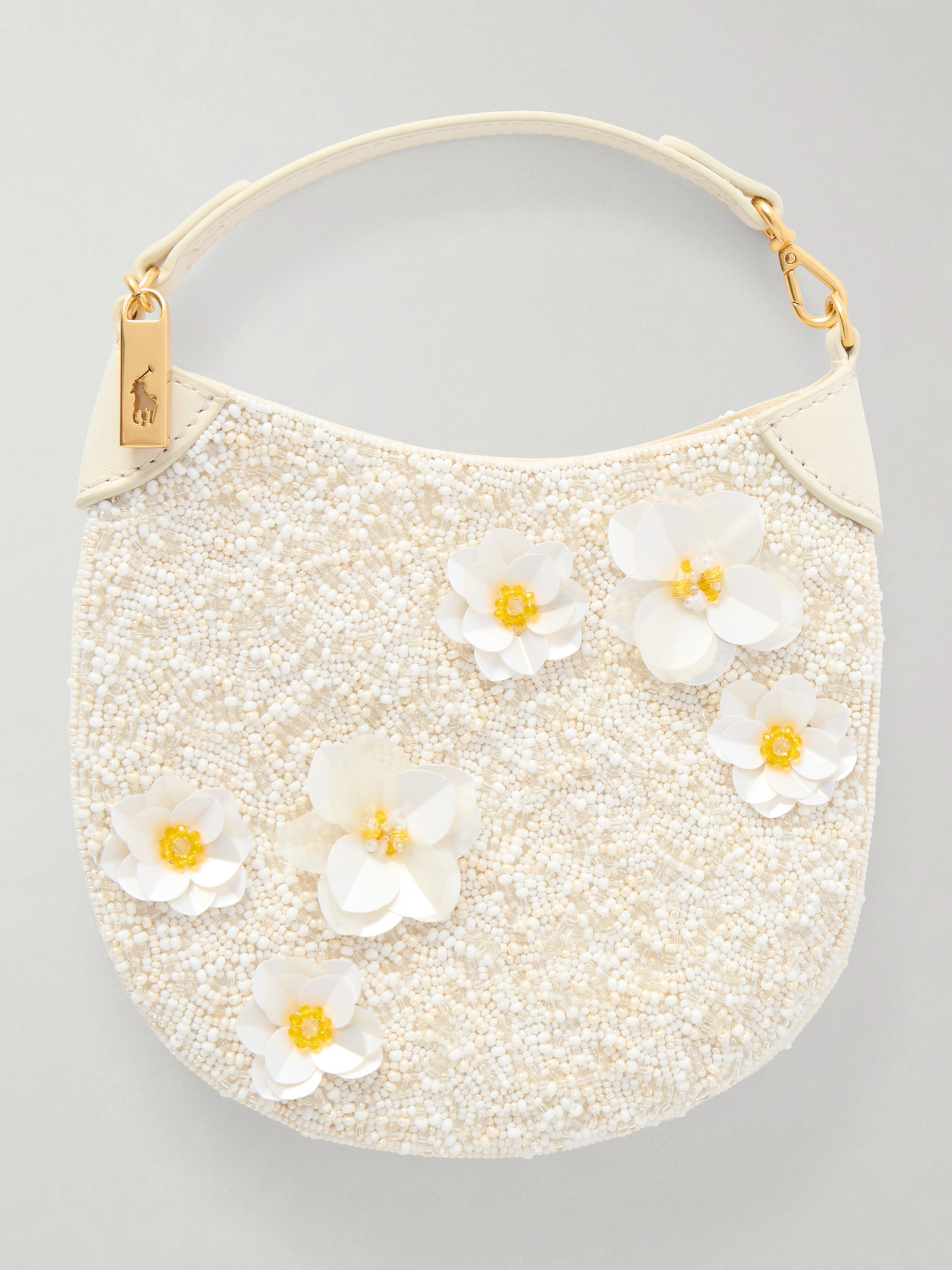 Polo Ralph Lauren Floral-embellished Beaded Small Shoulder Bag In Neutral