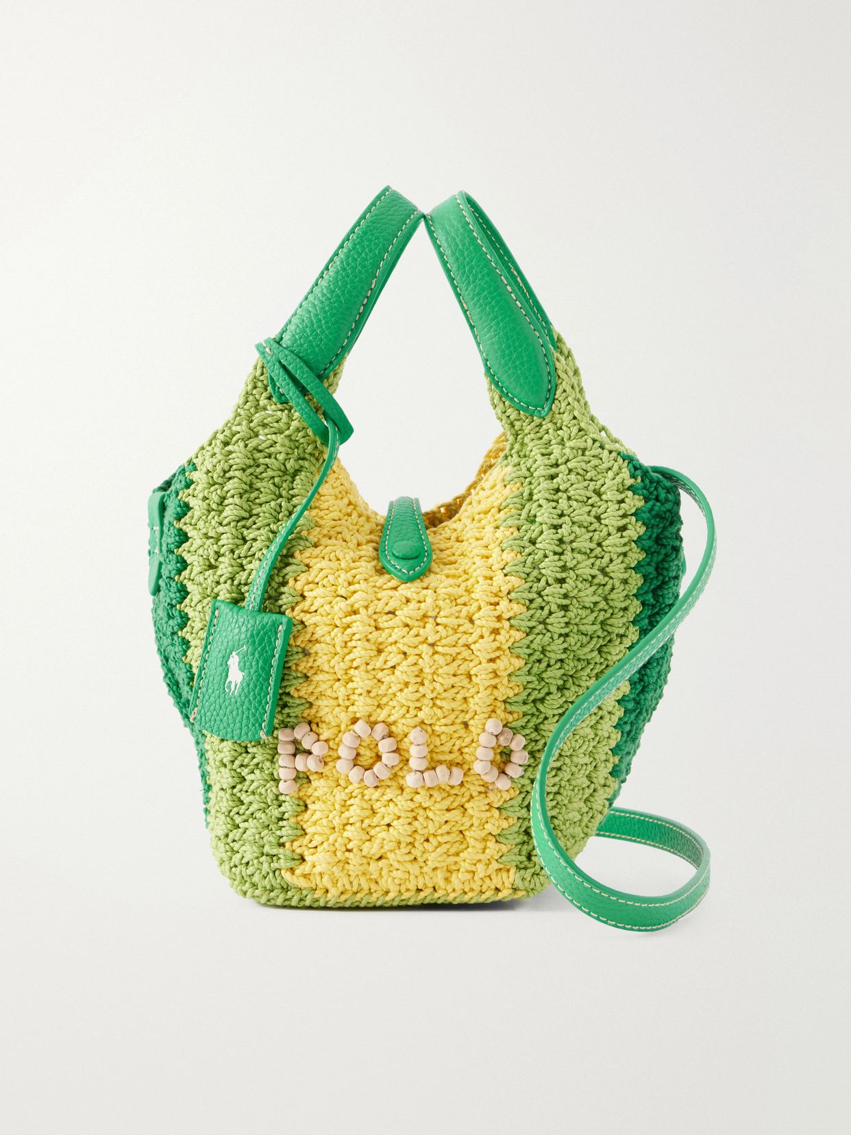polo play small leather trimmed crocheted bucket bag