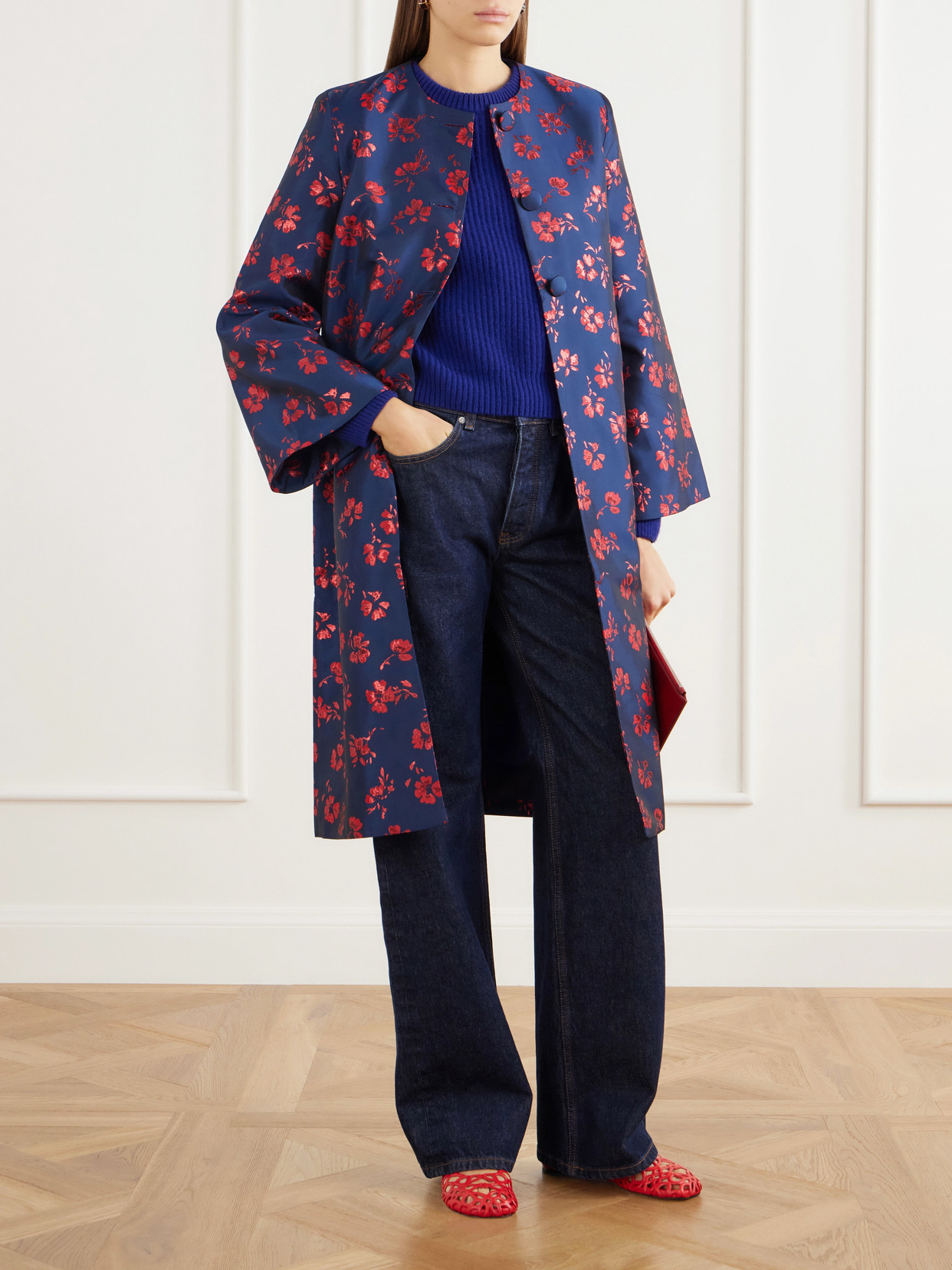Ruby Floral-Jacquard Taffeta Coat