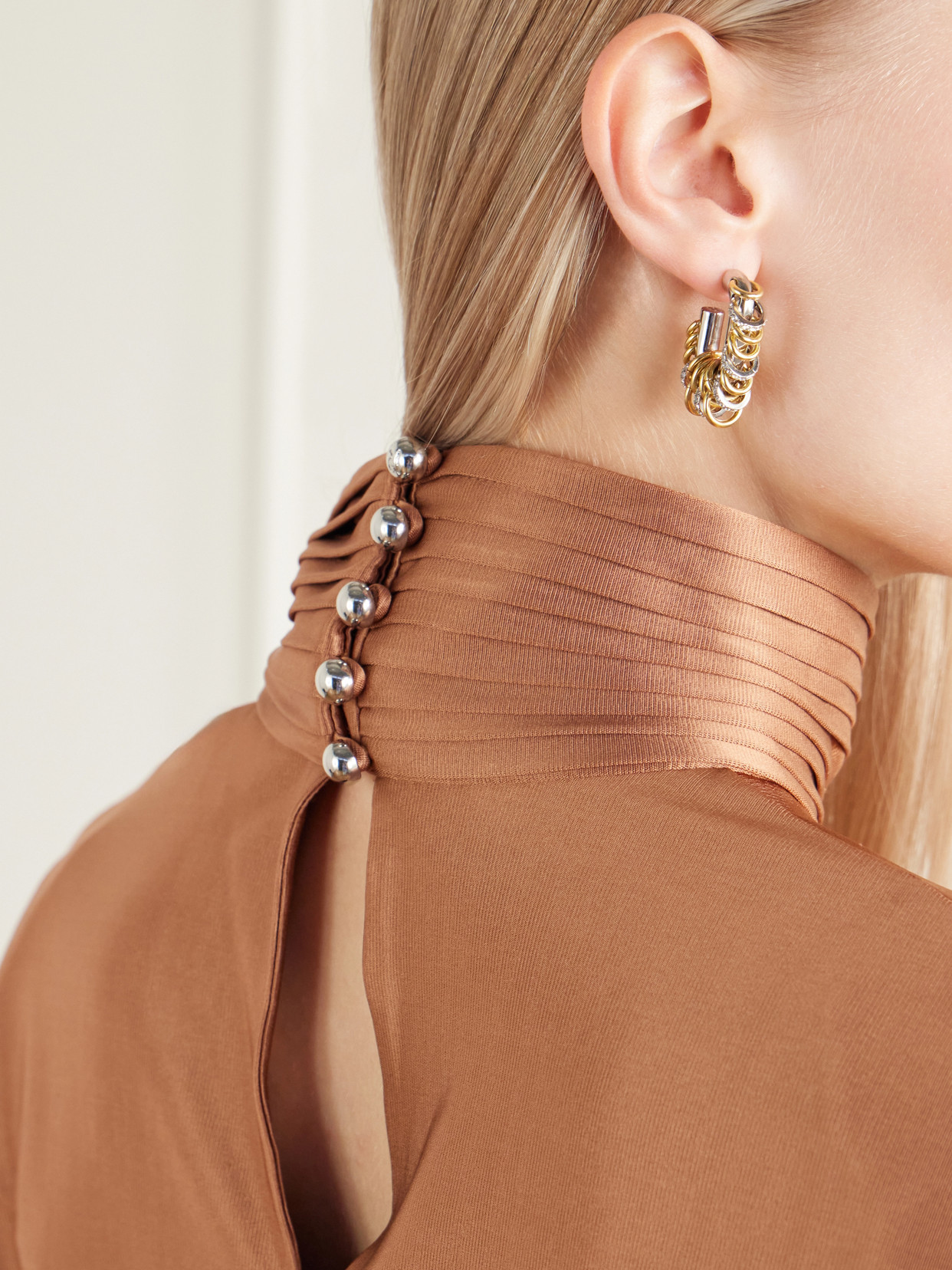 Stretch-Satin Turtleneck Blouse