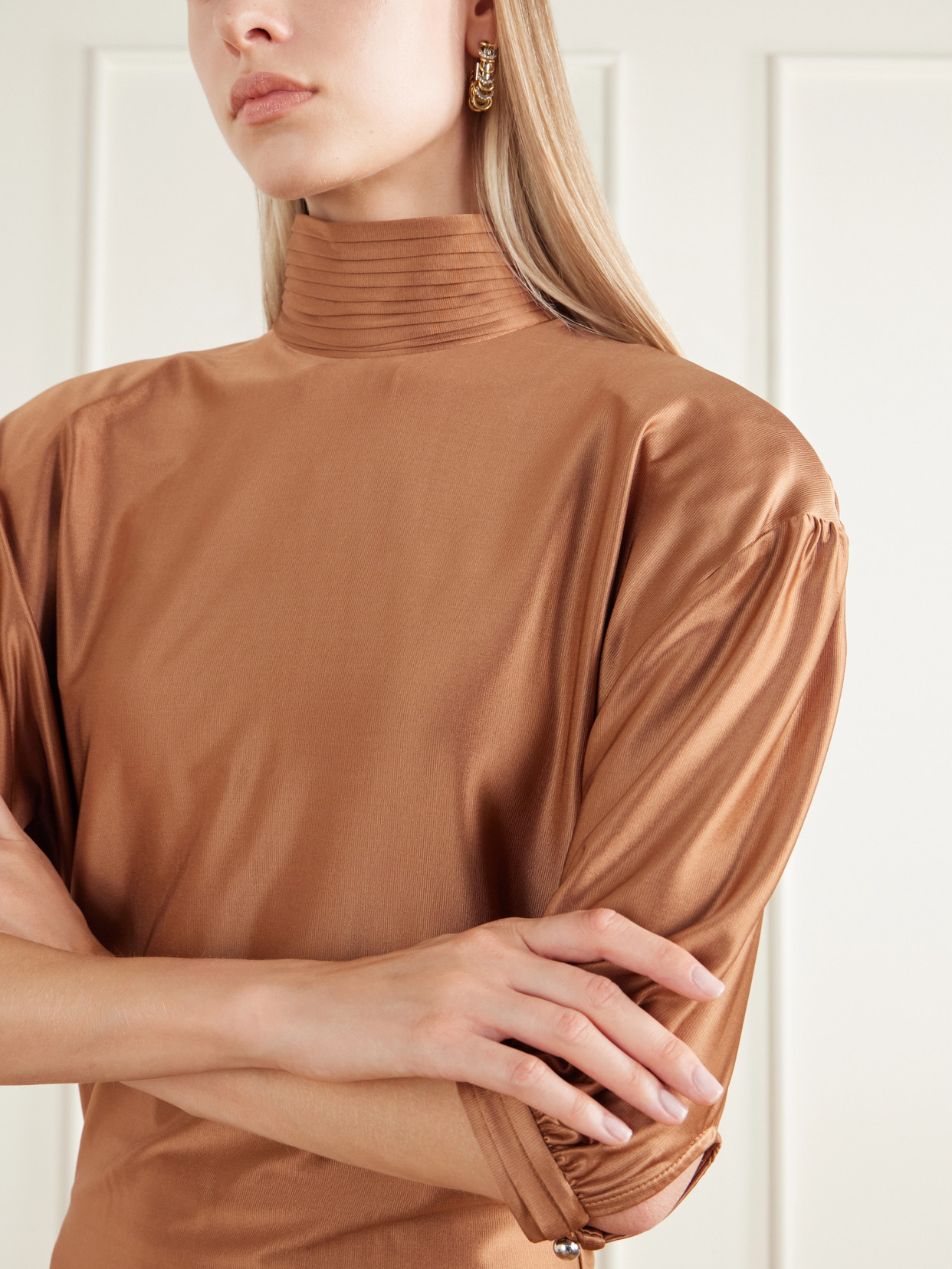 Stretch-Satin Turtleneck Blouse