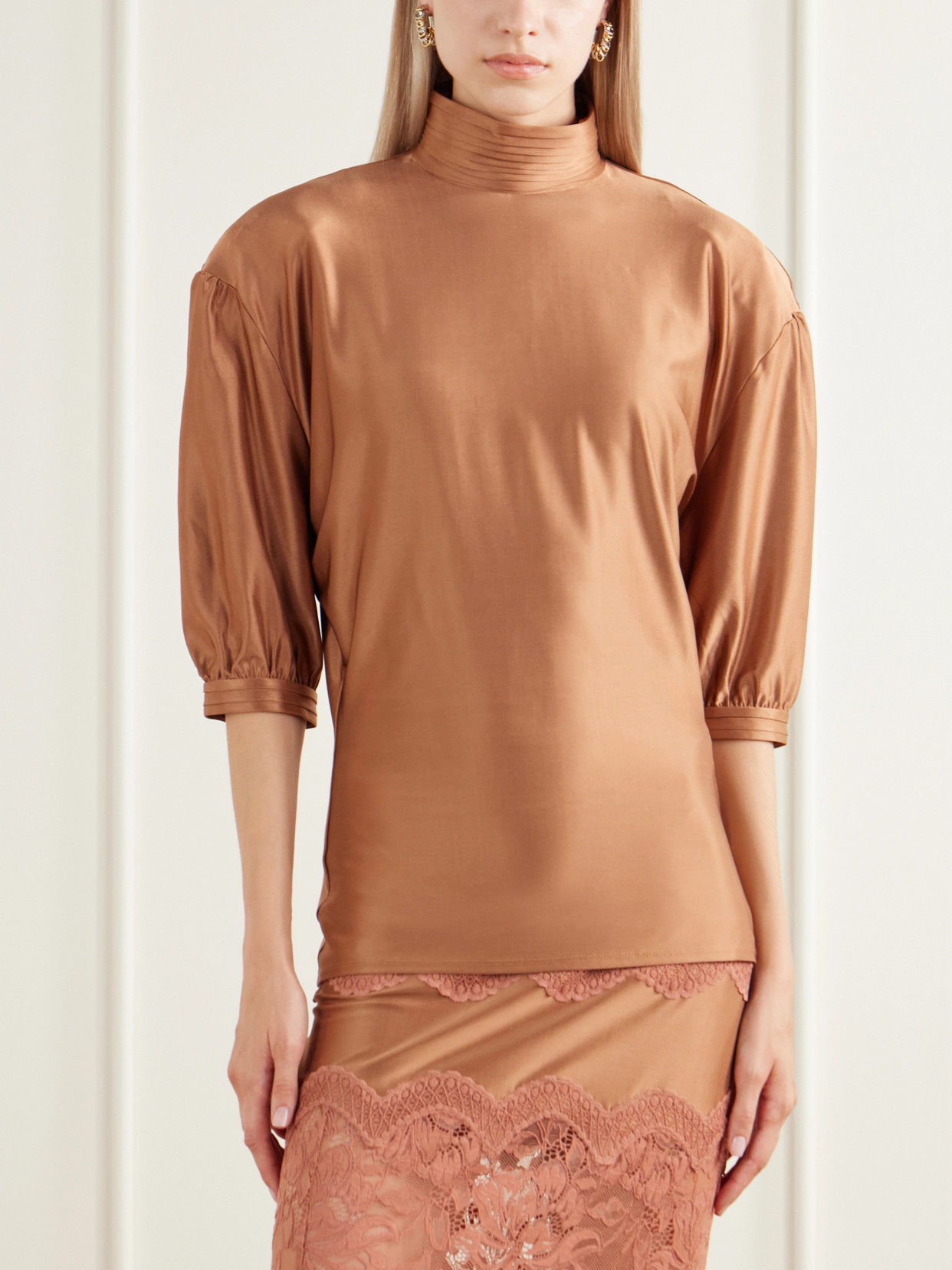 Stretch-Satin Turtleneck Blouse