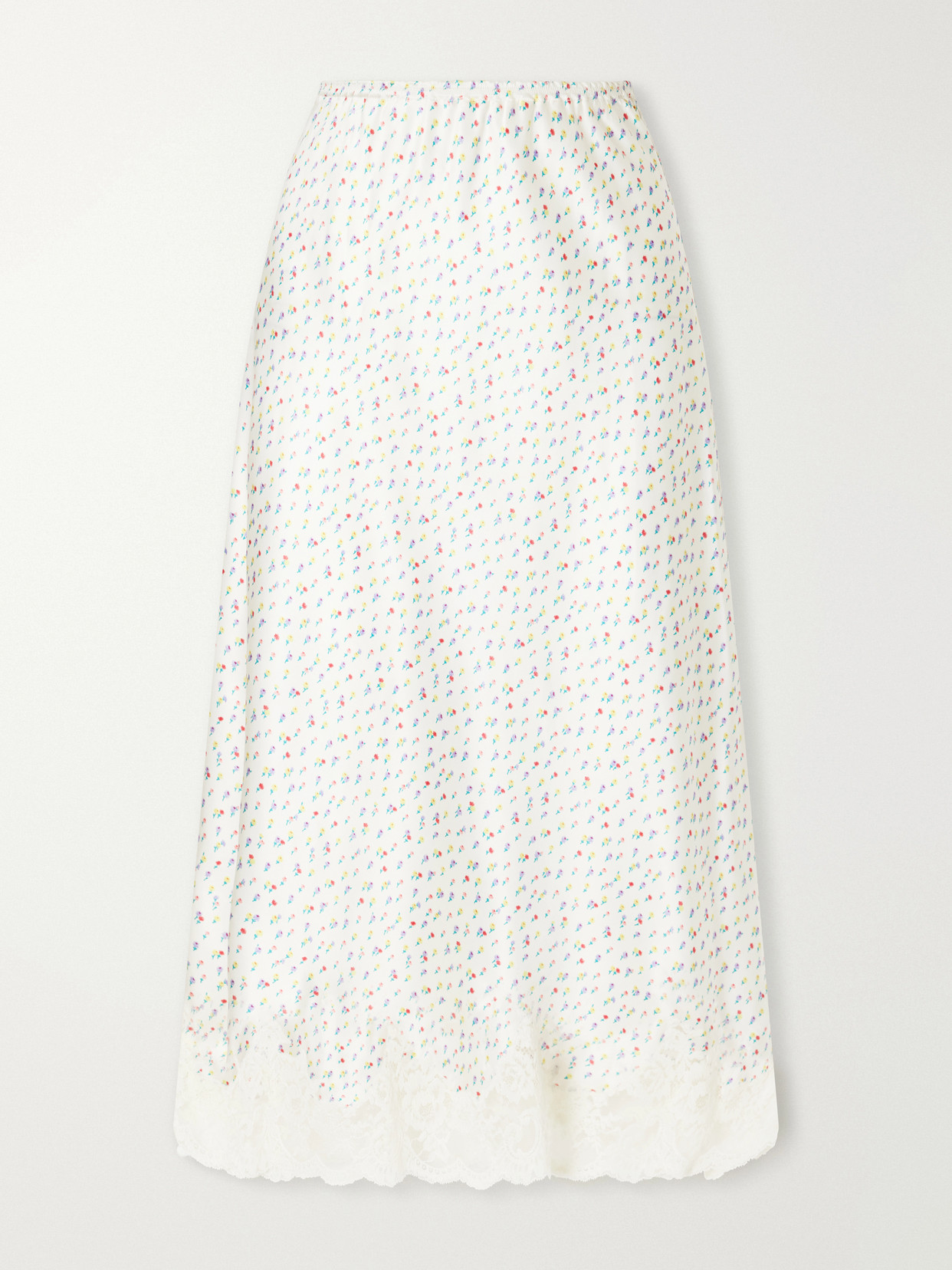 Rabanne Floral-print Lace-trimmed Silk-satin Midi Skirt In Multi
