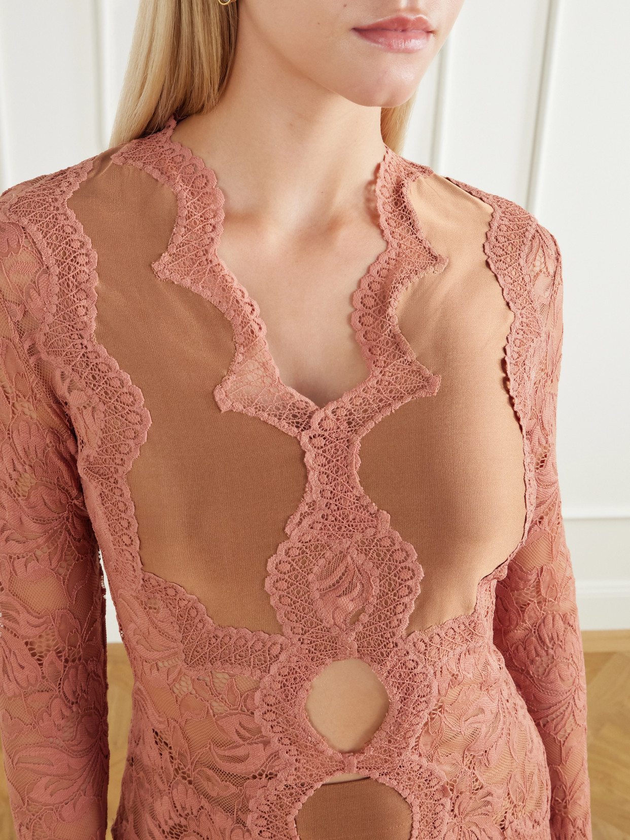 Lace-Trimmed Stretch-Satin Blouse