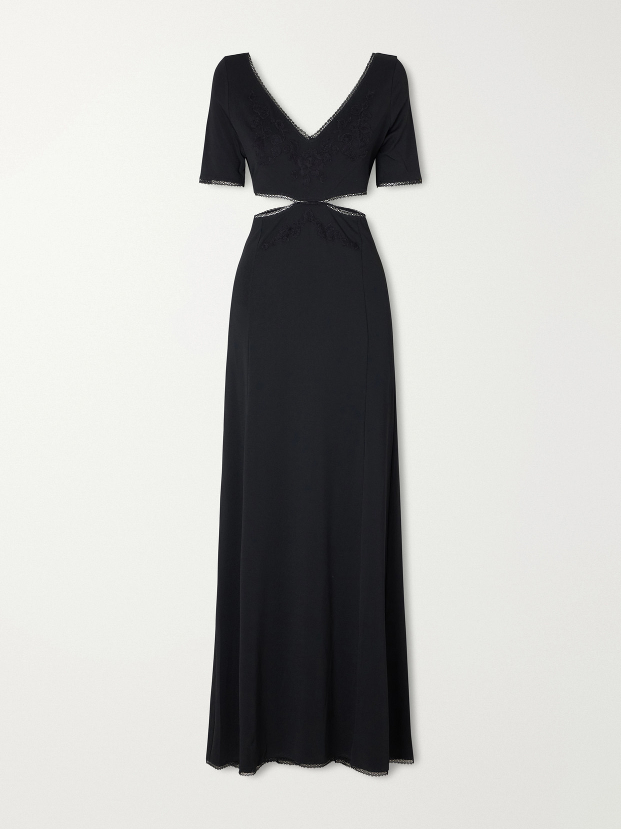 Rabanne Cut-out Lace-trimmed Crepe-satin Maxi Dress In Black