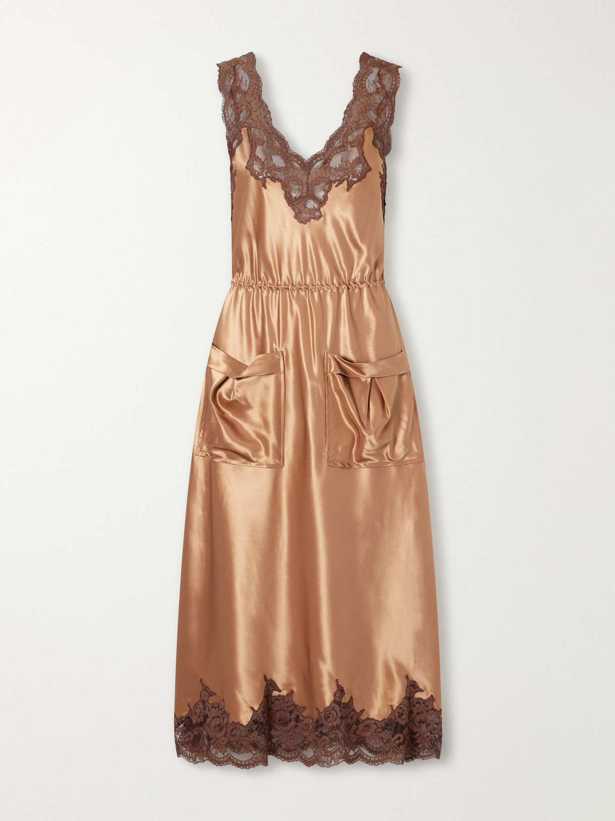Rabanne Lace-trimmed Satin Midi Dress In Brown