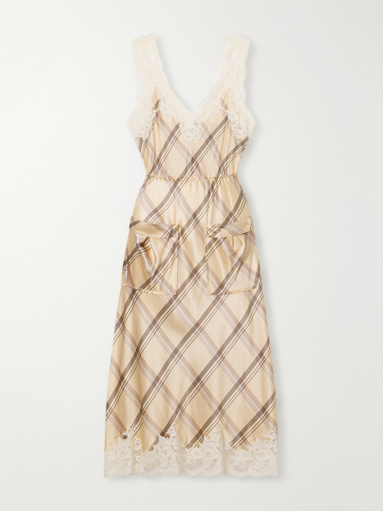 Rabanne Lace-trimmed Check-printed Silk-satin Midi Dress In Neutral