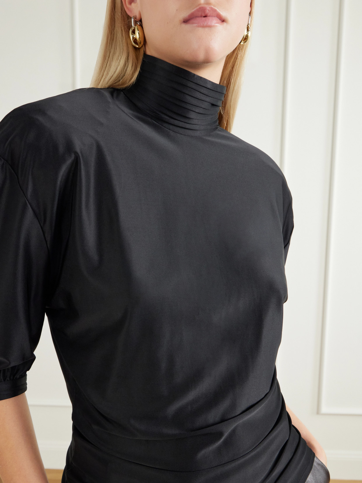 Stretch-Satin Turtleneck Blouse